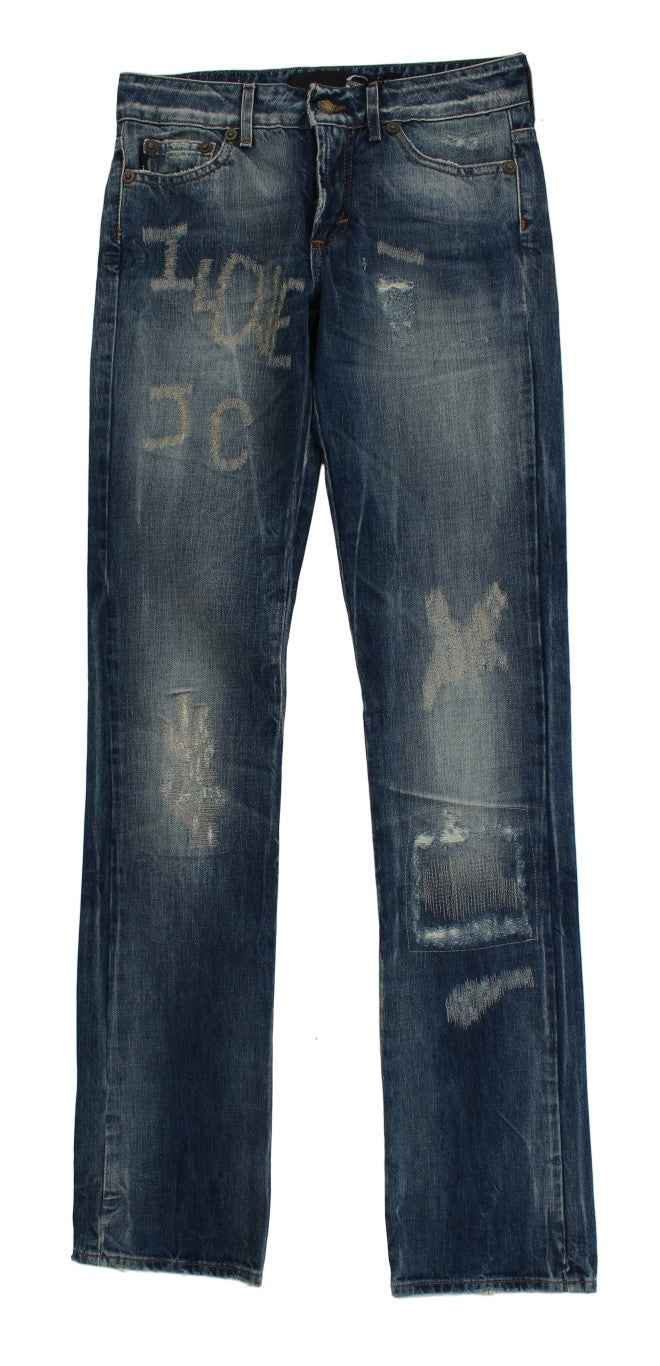 Cavalli Blue Wash Torn Cotton Straight Fit Jeans