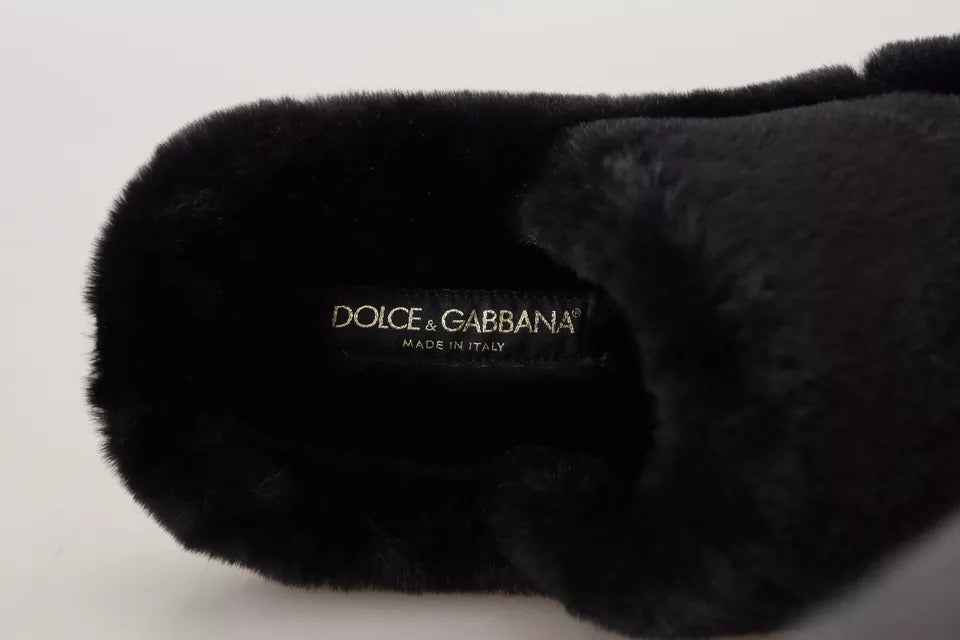 Dolce & Gabbana Black Polyester Faux Fur Mens Flats Sandals Shoes