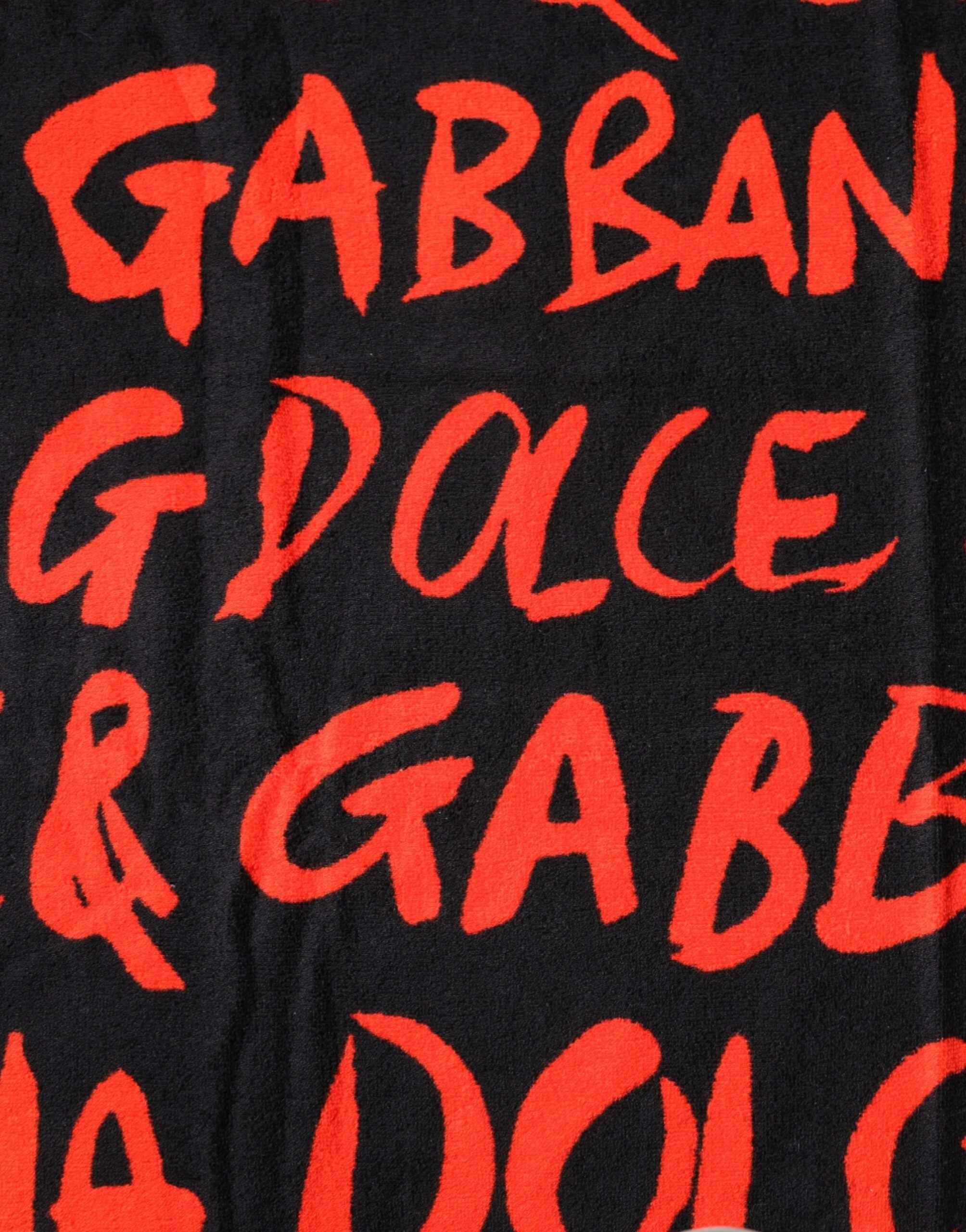 Dolce & Gabbana Black Red Logo Print Cotton Beach Towel
