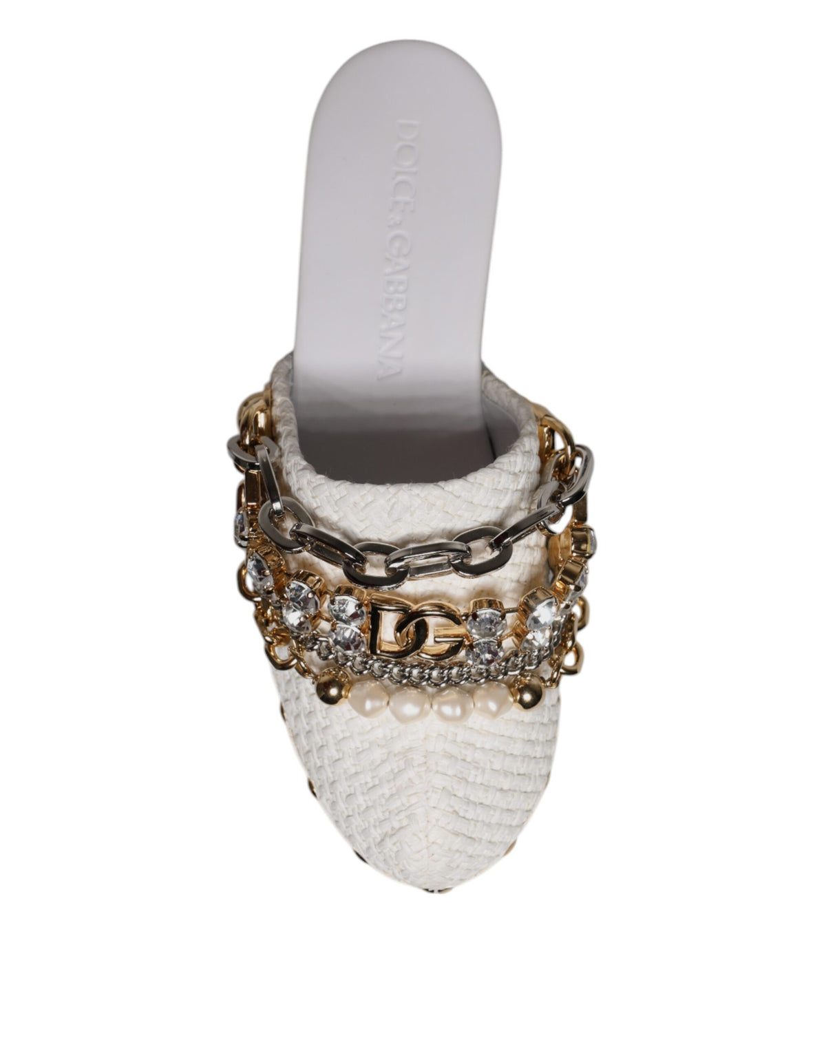 Dolce & Gabbana White Raffia Clogs Bejeweled Chain Sandals Shoes