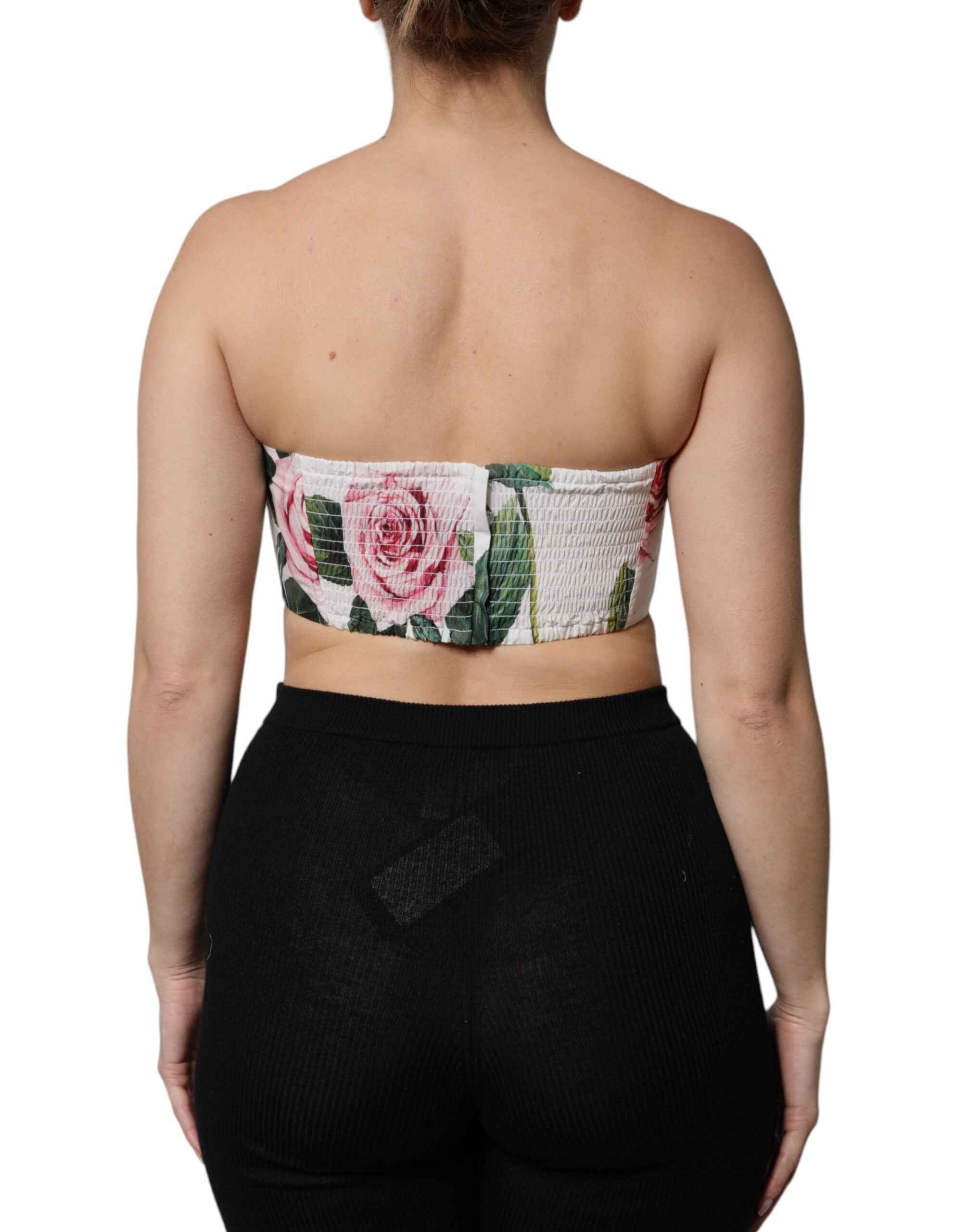 Dolce & Gabbana White Floral Print Cropped Bustier Corset Top
