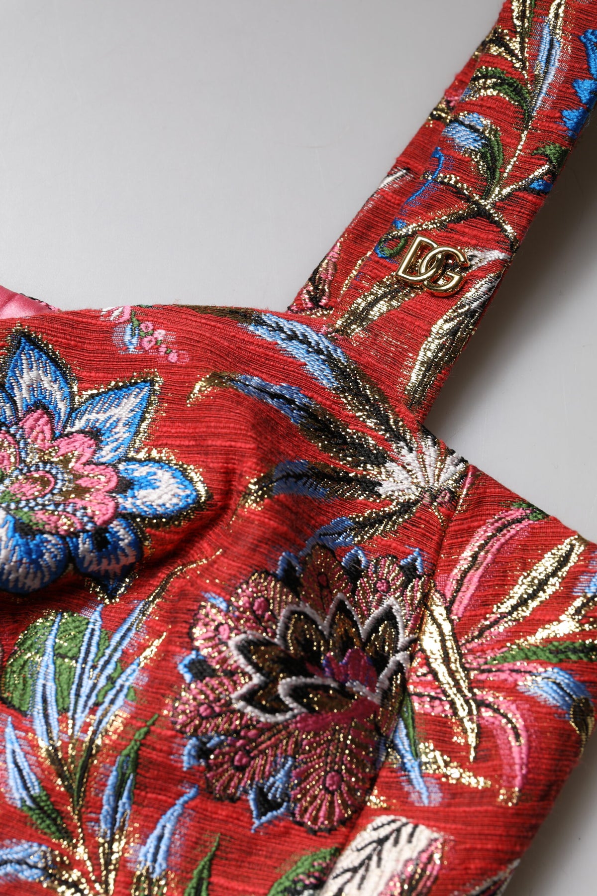 Dolce & Gabbana Red Floral Brocade Cropped Bustier Corset Top