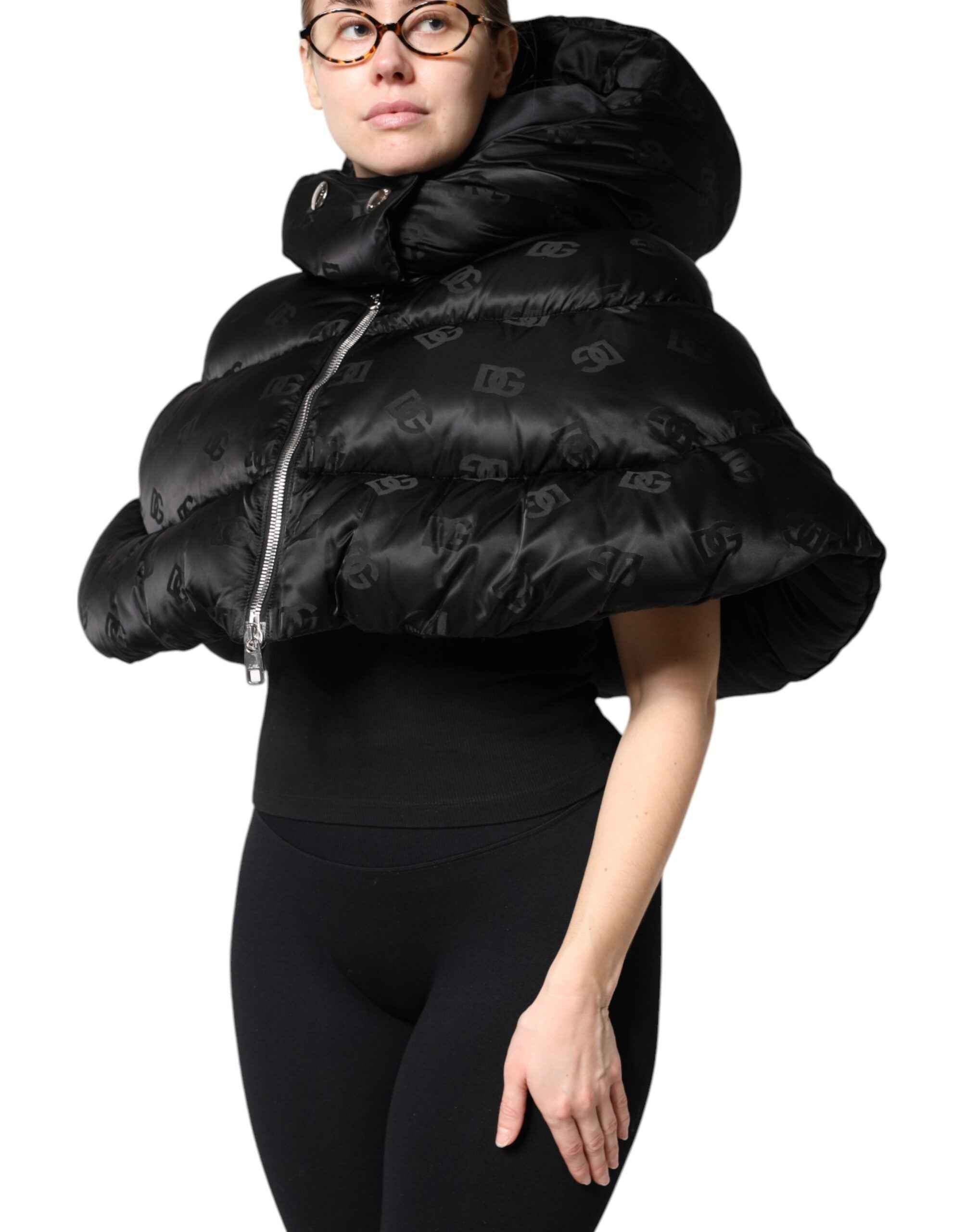 Dolce & Gabbana Black Padded Puffer Hooded Full Zip Cropped Jacket