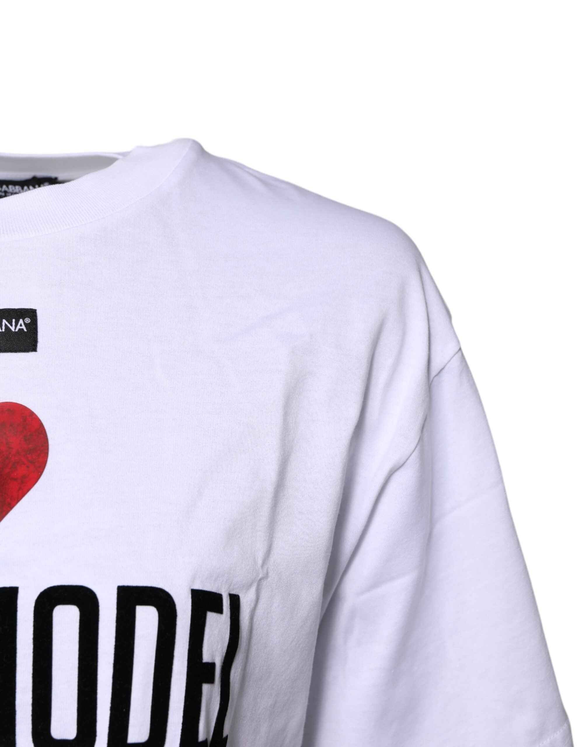 Dolce & Gabbana White Printed Round Neck Top Cotton T-shirt