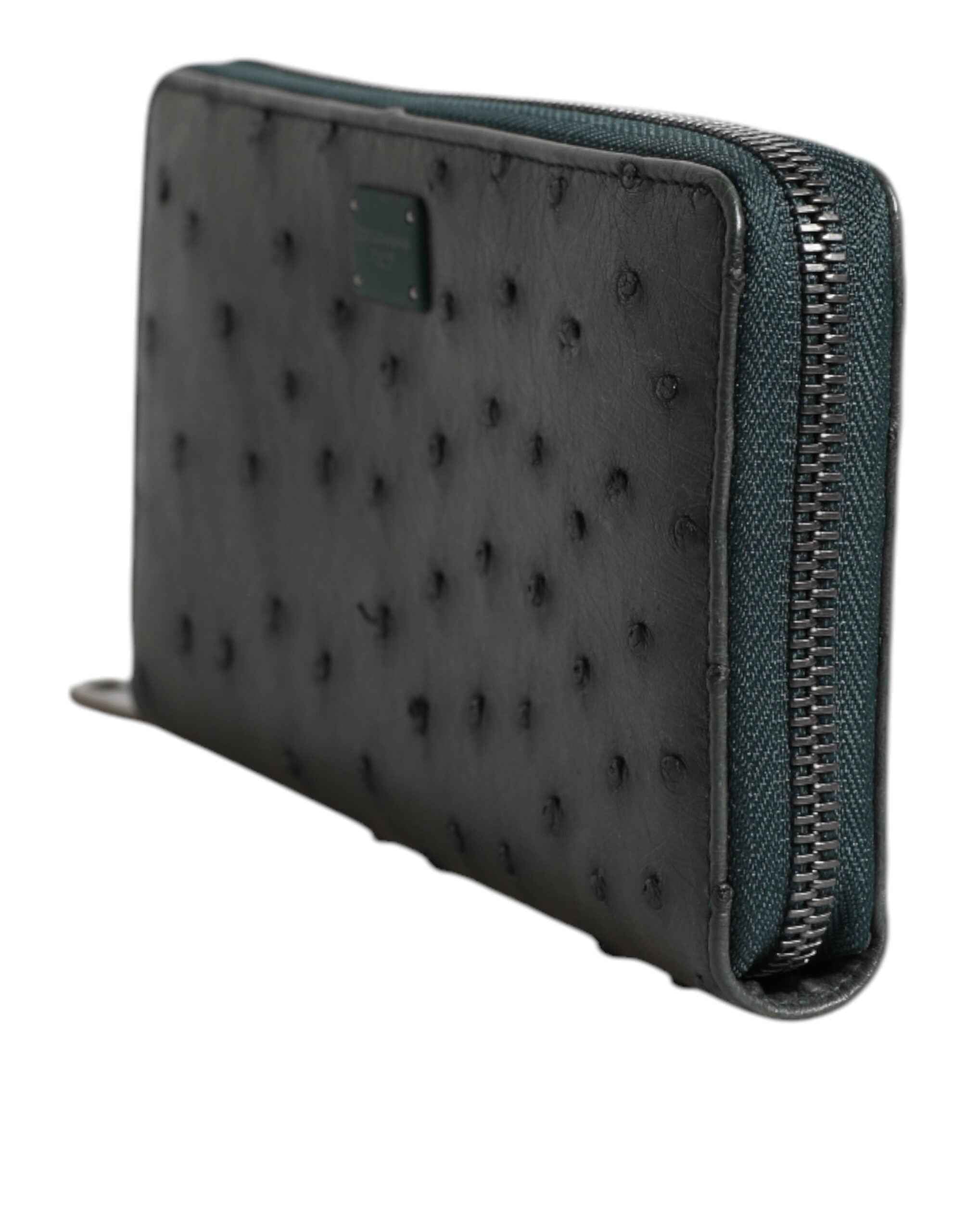 Dolce & Gabbana Green Ostrich Logo Plaque Zip Around Continental Wallet