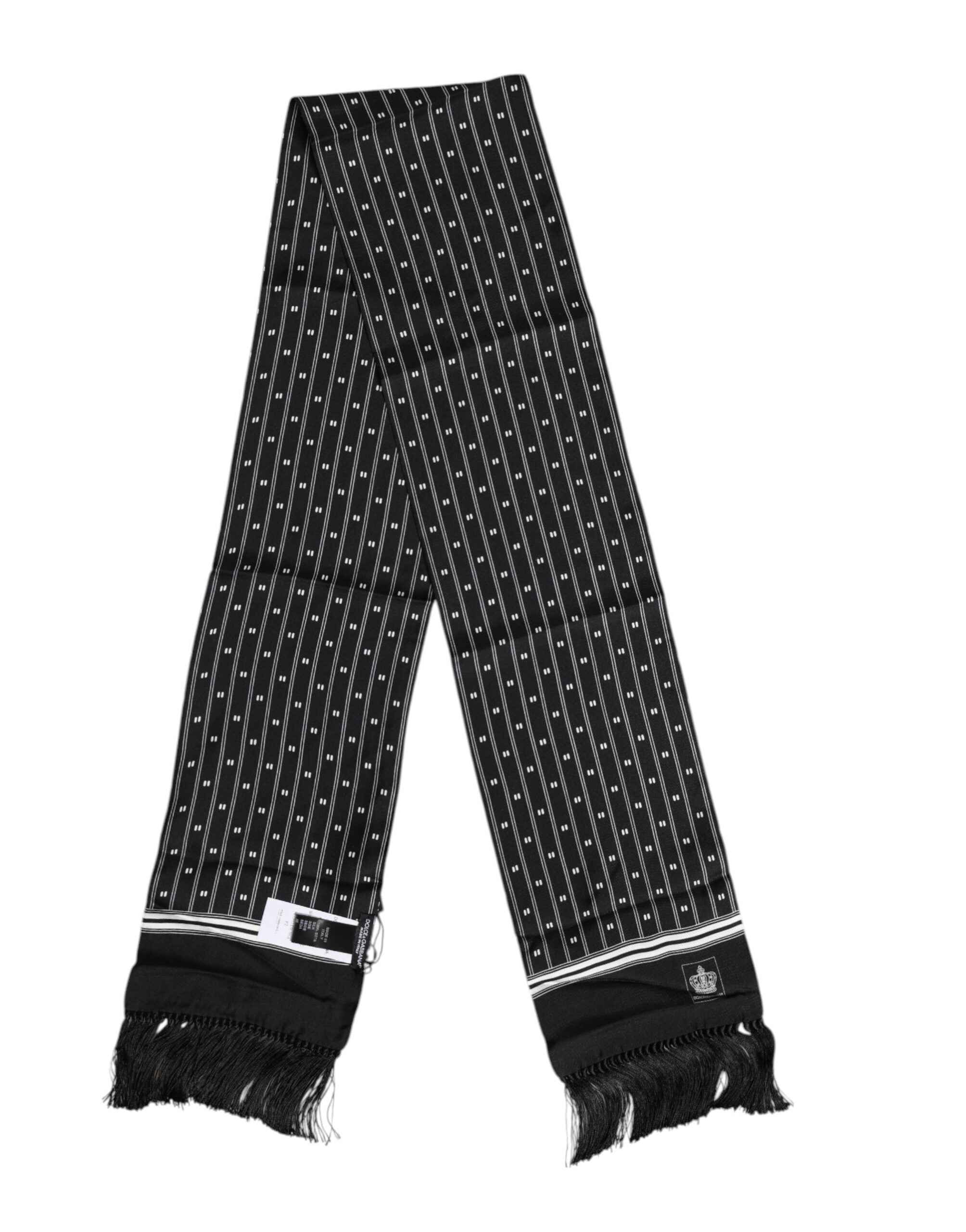 Dolce & Gabbana Black Silk Printed Fringes Men Foulard Scarf