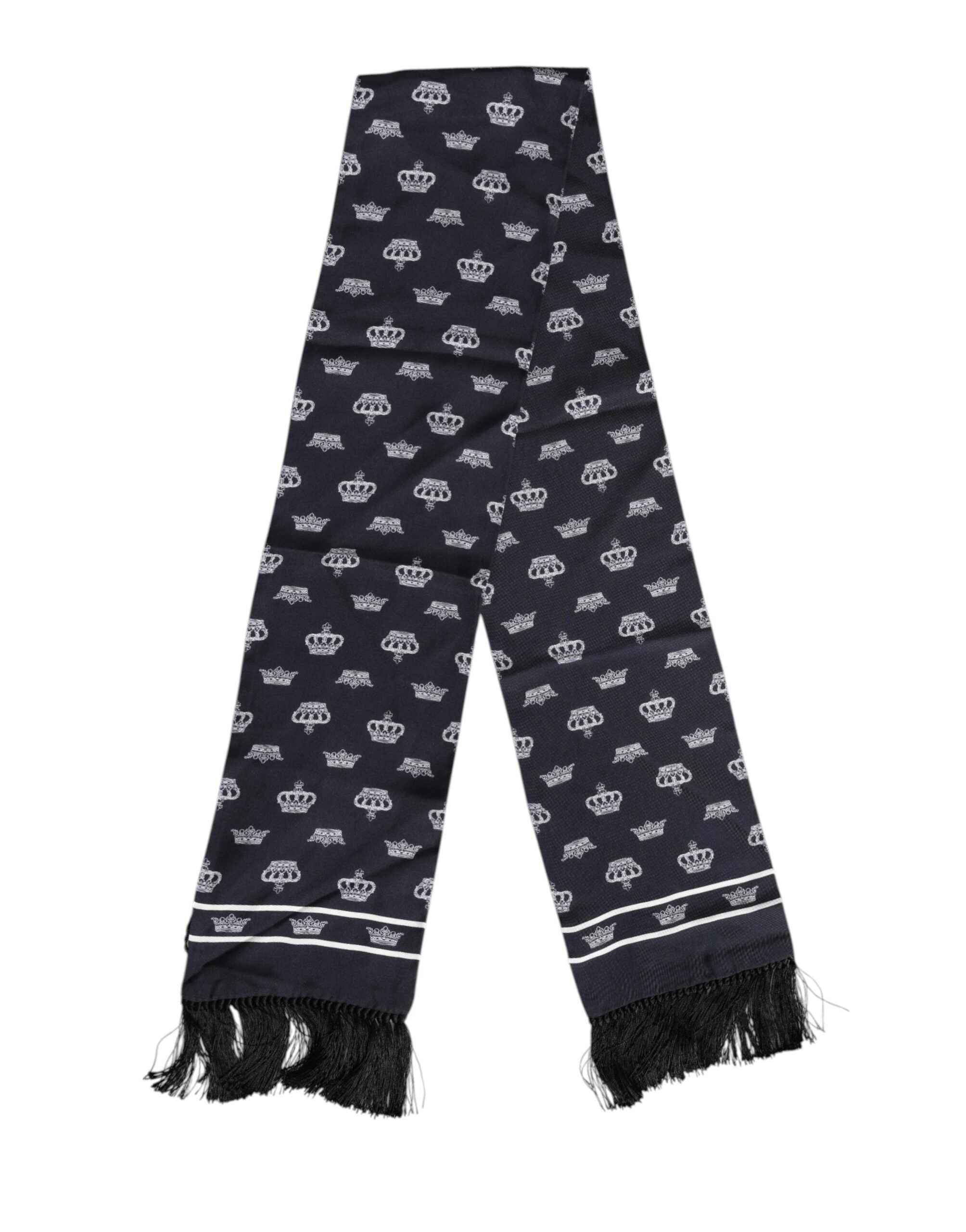 Dolce & Gabbana Black Silk Crown Fringes Men Foulard Scarf