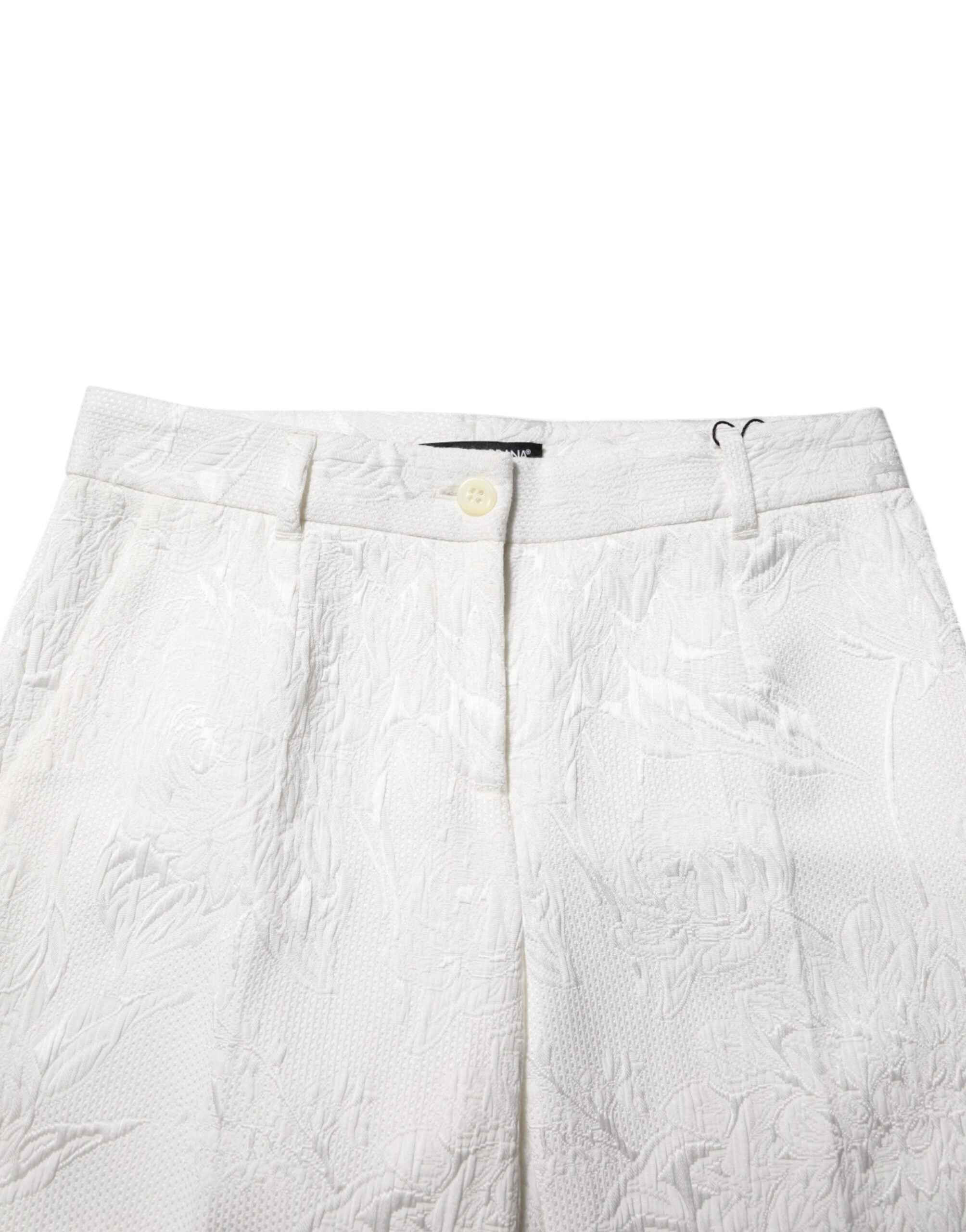 Dolce & Gabbana White Cotton Floral Jacquard Pants