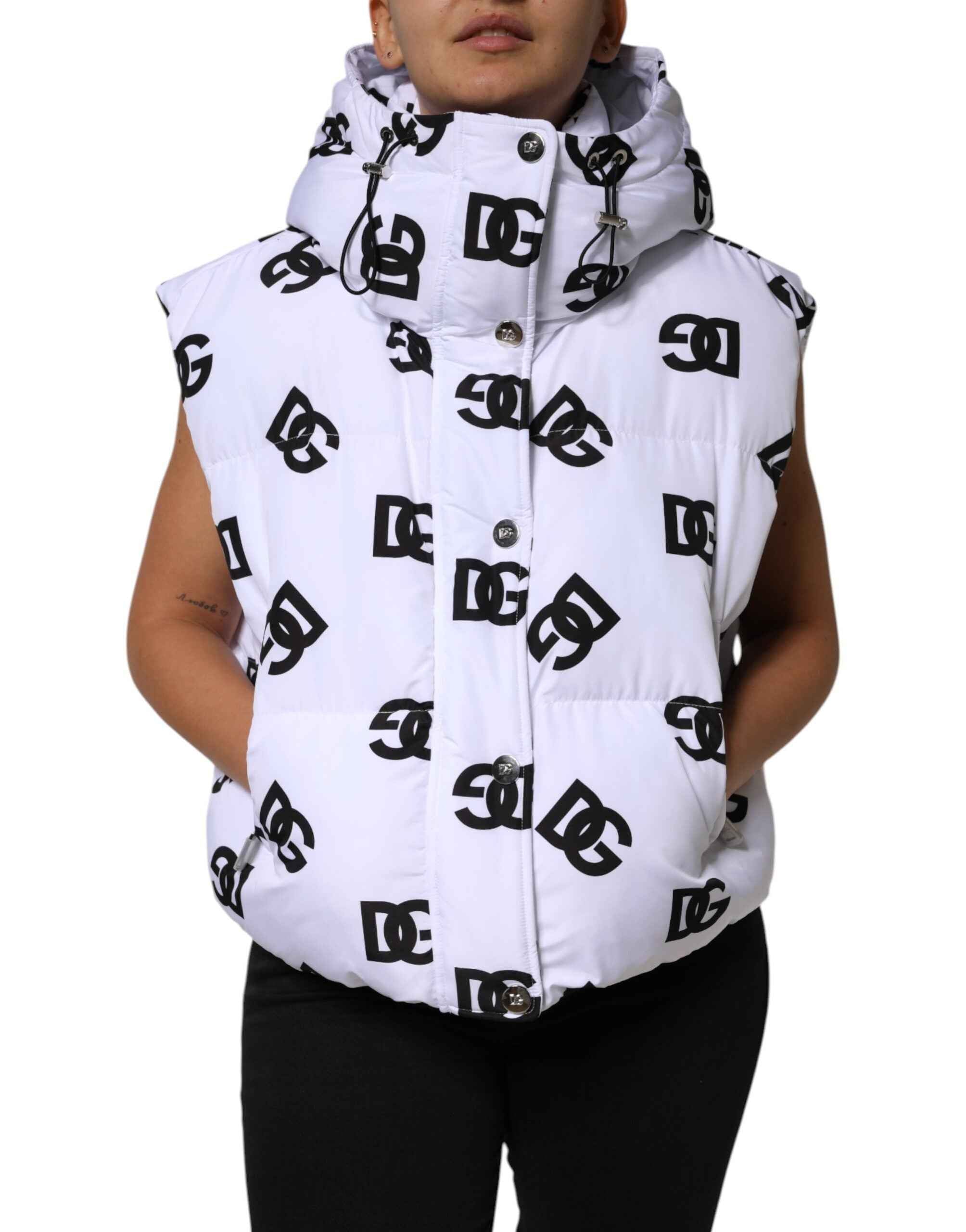 Dolce & Gabbana White Black DG Mania Polyester Puffer Jacket