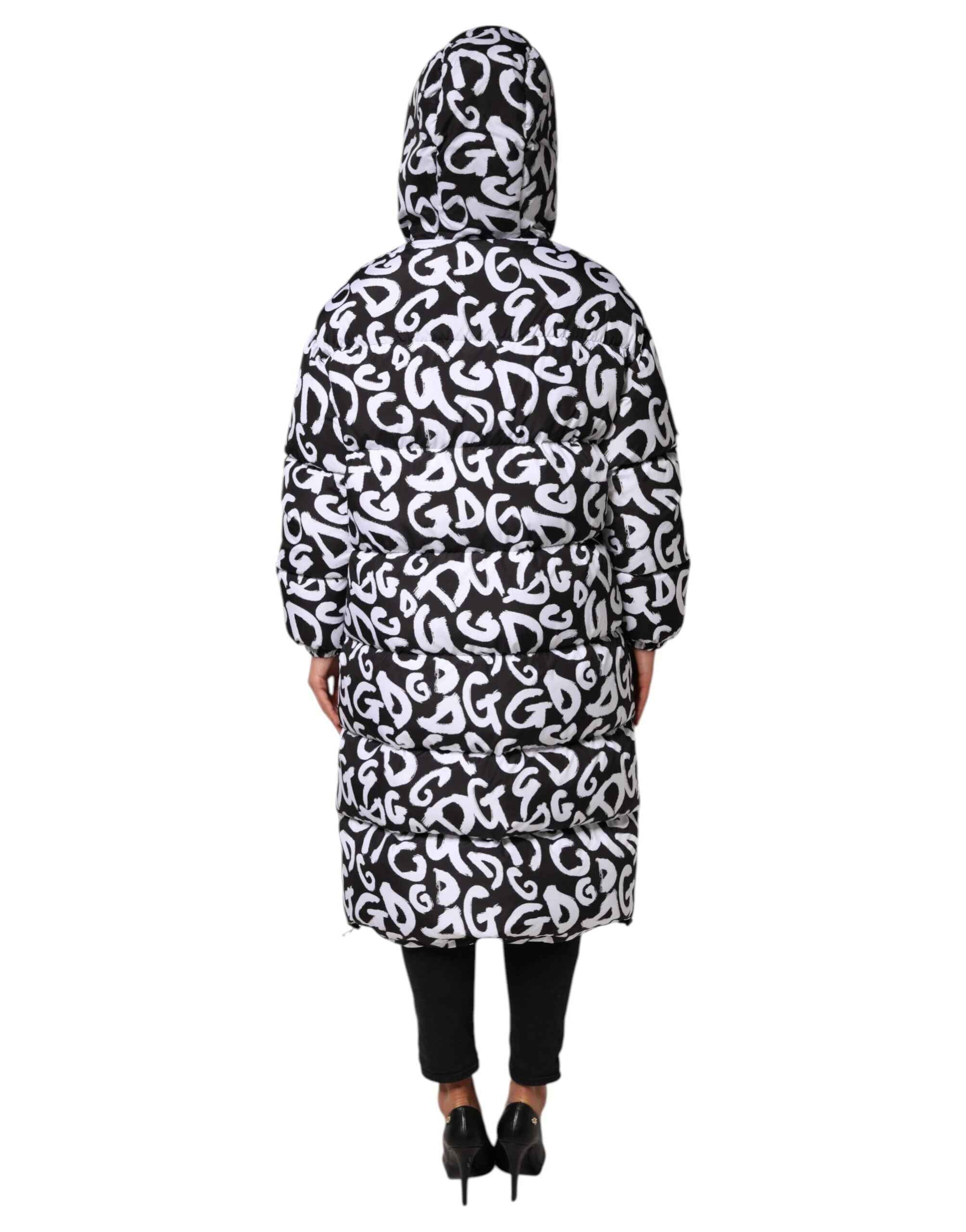 Dolce & Gabbana Black White DG Mania Hooded Long Coat Jacket