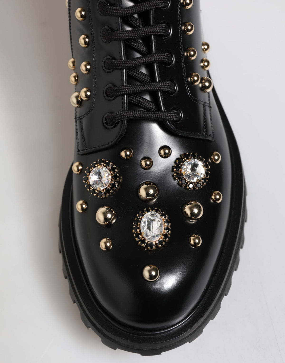 Dolce & Gabbana Black Studded Lace Up Mid Calf Boots Shoes