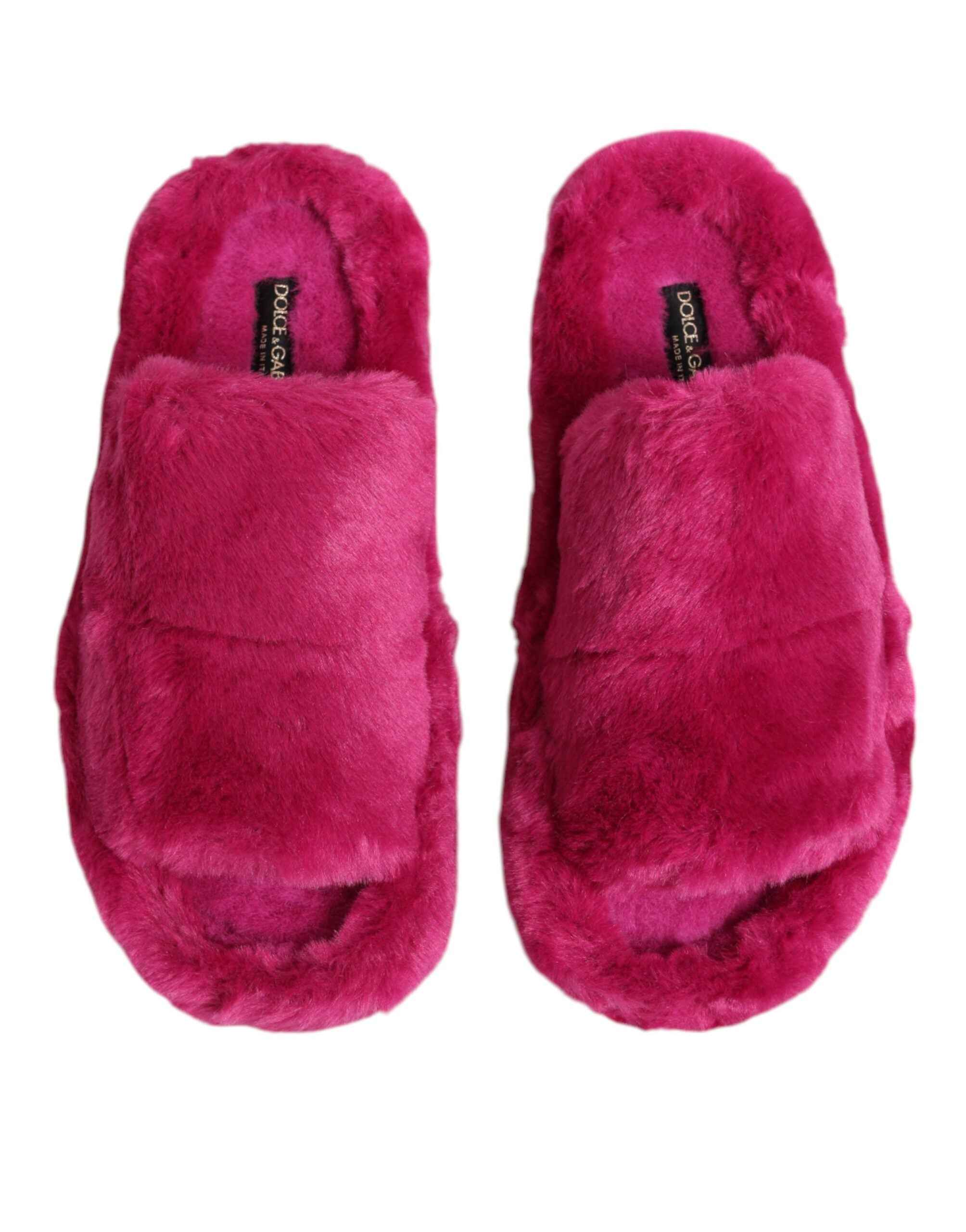 Dolce & Gabbana Pink Acrylic Faux Fur Mens Flats Sandals Shoes