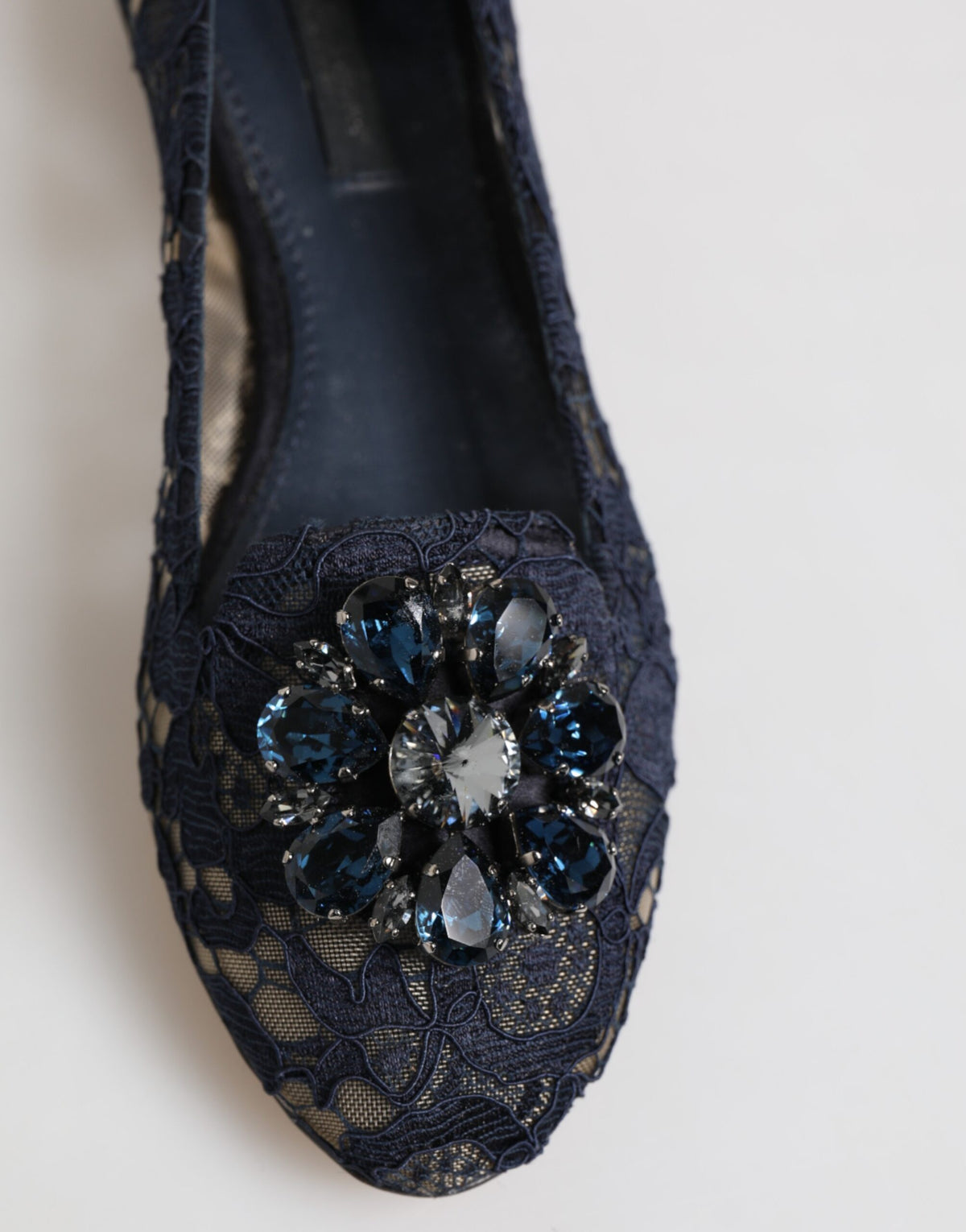 Dolce & Gabbana Blue Taormina Lace Crystals Flats Shoes