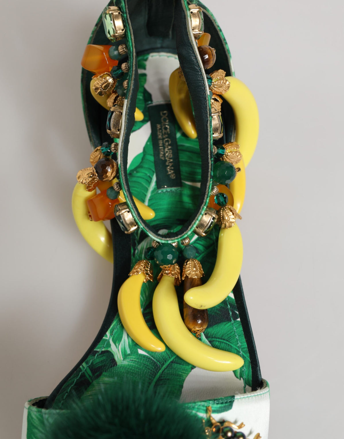 Dolce & Gabbana Green Mink Fur Satin Banana Leaf Sandals Shoes