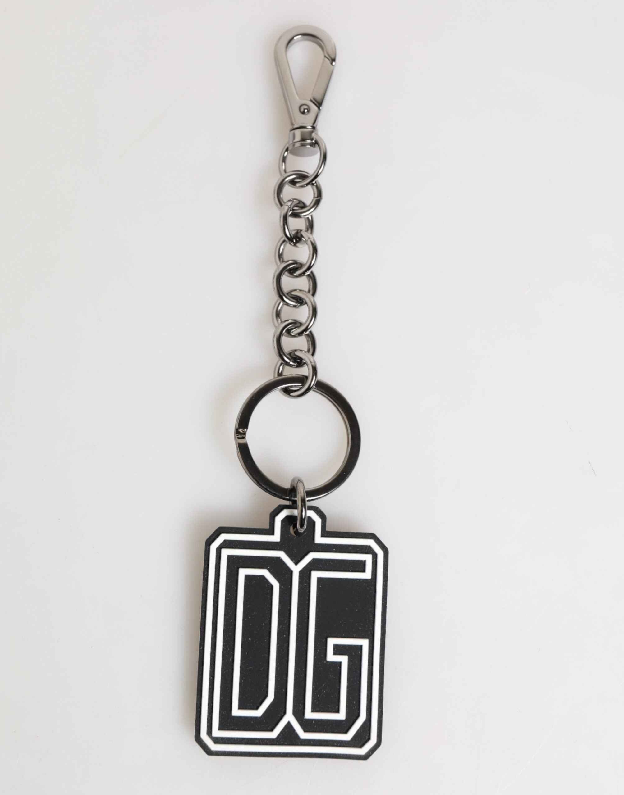 Dolce & Gabbana Black White DG Rubber Logo Silver Men Keychain Keyring