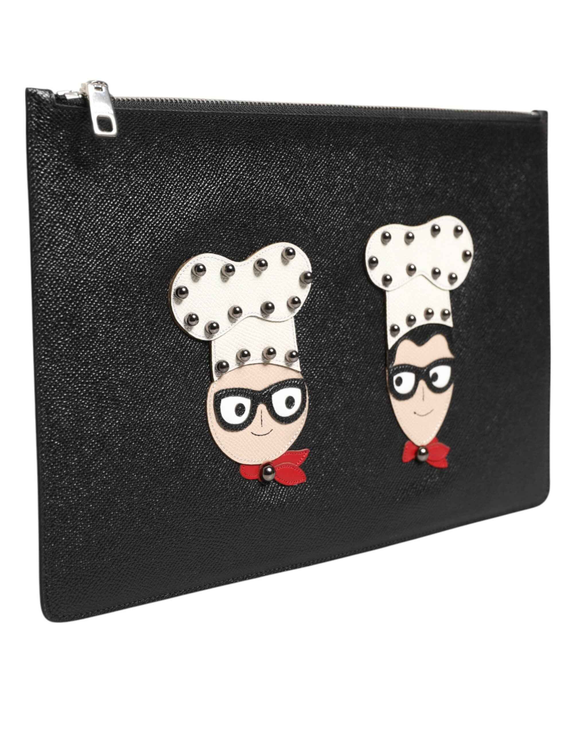 Dolce & Gabbana Black Leather #DGFAMILY Embellished Men Clutch Pouch Bag