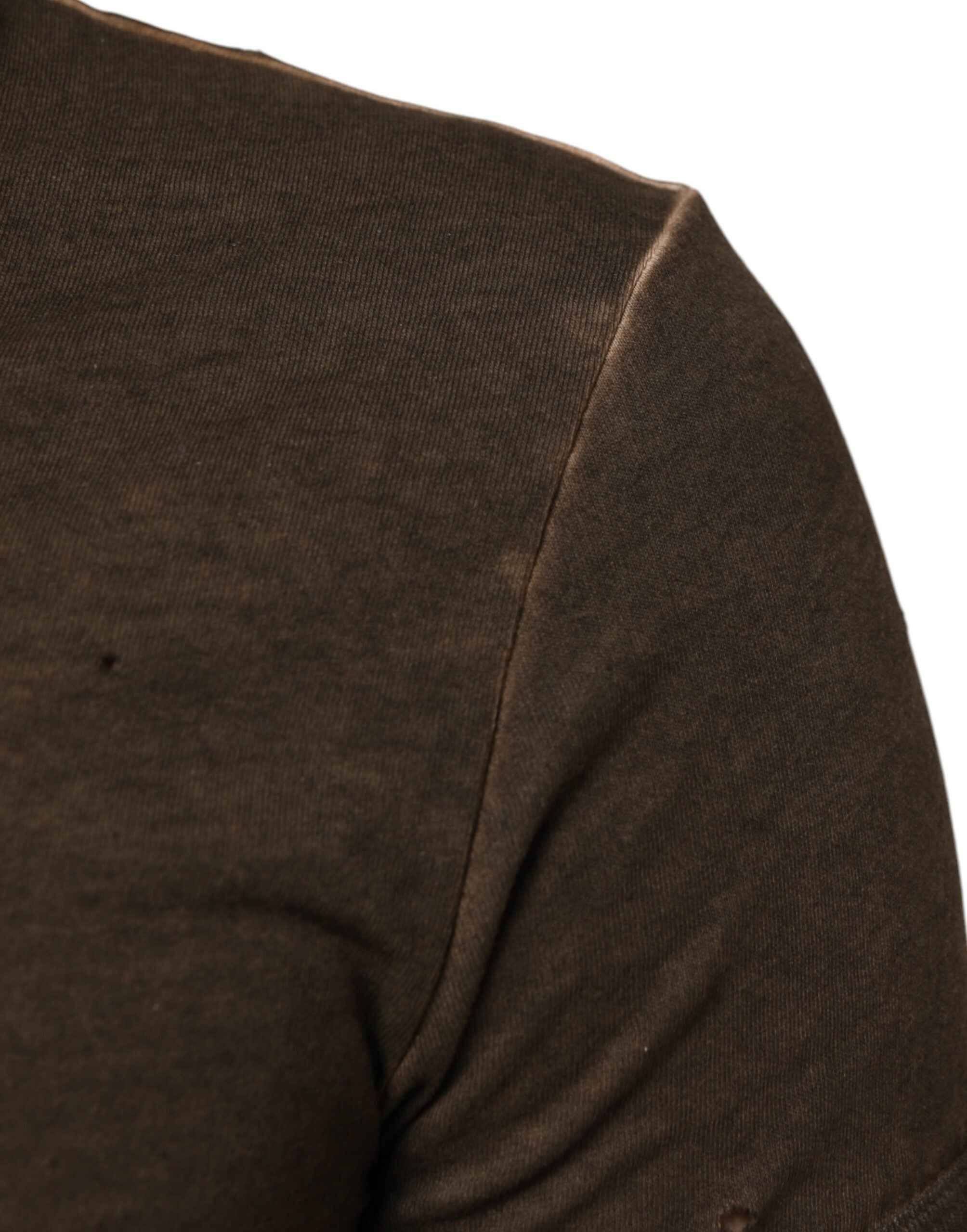 Dolce & Gabbana Dark Brown Cotton Tattered Logo Men T-shirt