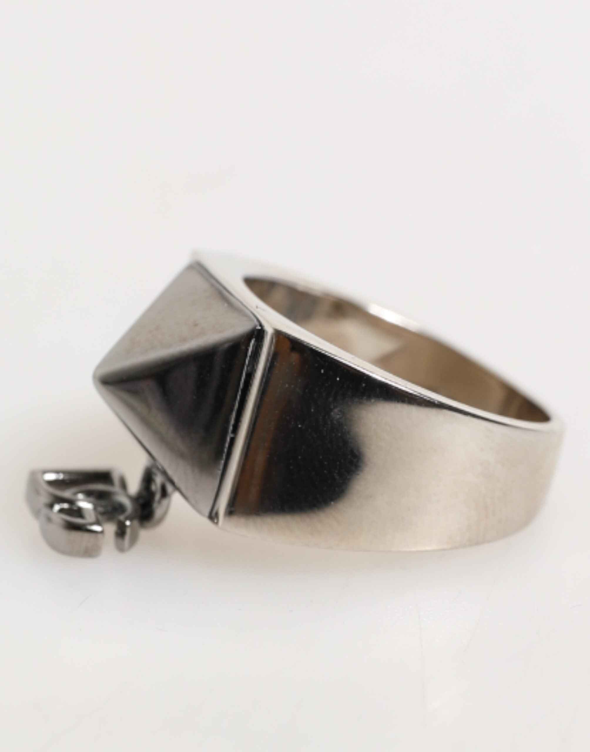 Dolce & Gabbana Silver Tone Pyramid DG Logo Real Brass Ring