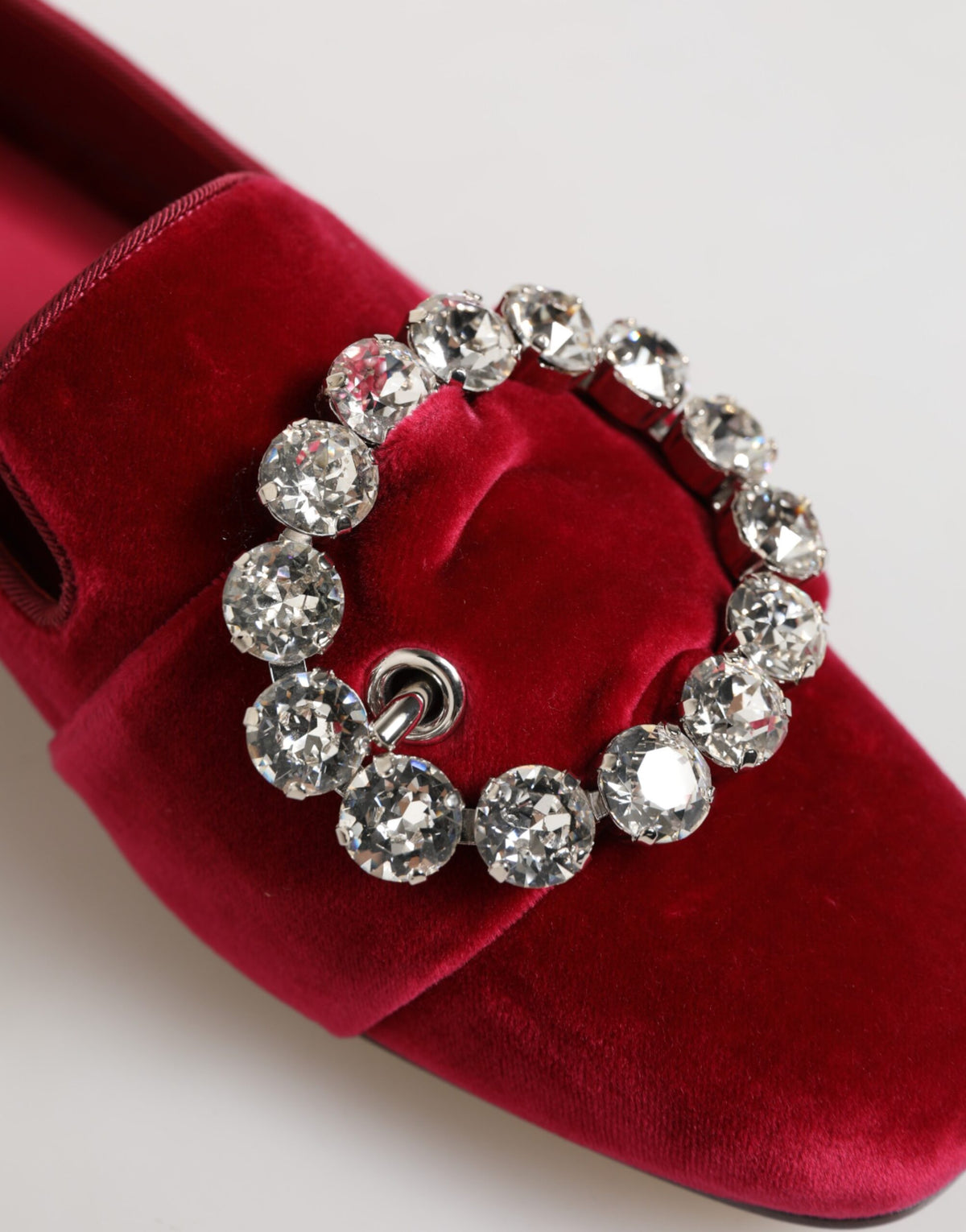 Dolce & Gabbana Red Velvet Crystal Buckle Loafers Flats Shoes