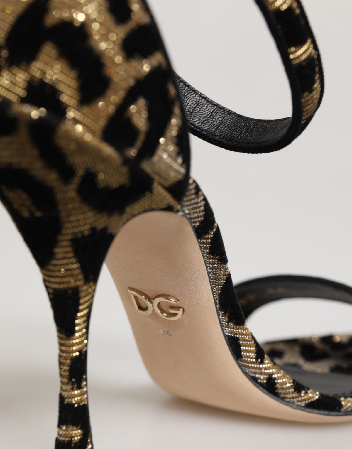 Dolce & Gabbana Gold Leopard Ankle Strap Heels Sandals Shoes