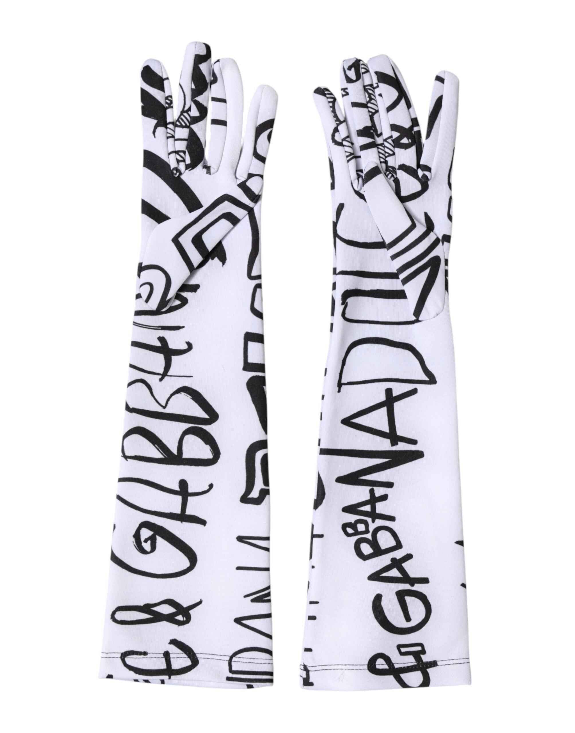 Dolce & Gabbana Black White DG Logo Elbow Length Mitten  Gloves