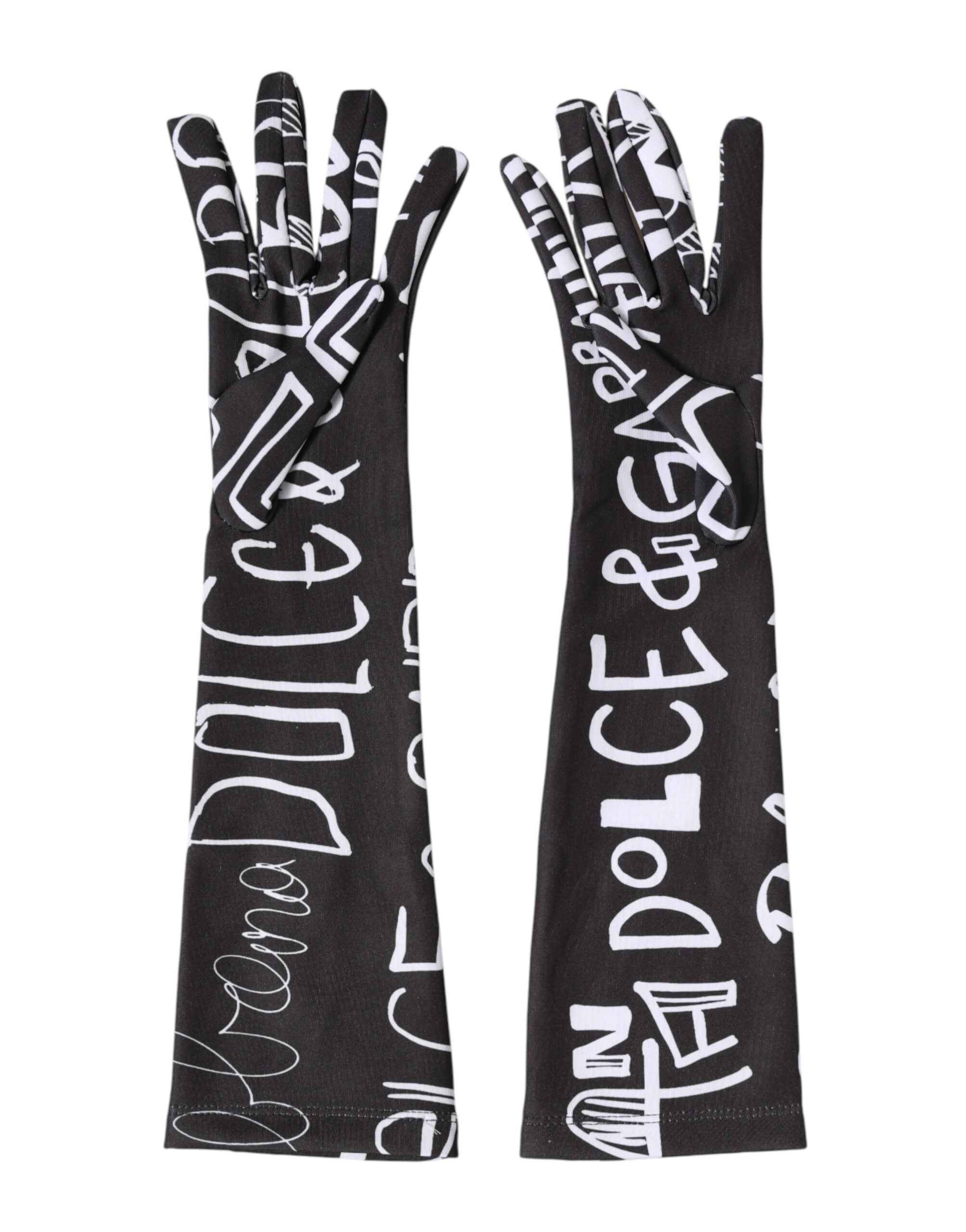 Dolce & Gabbana Black White DG Logo Elbow Length Mitten Gloves