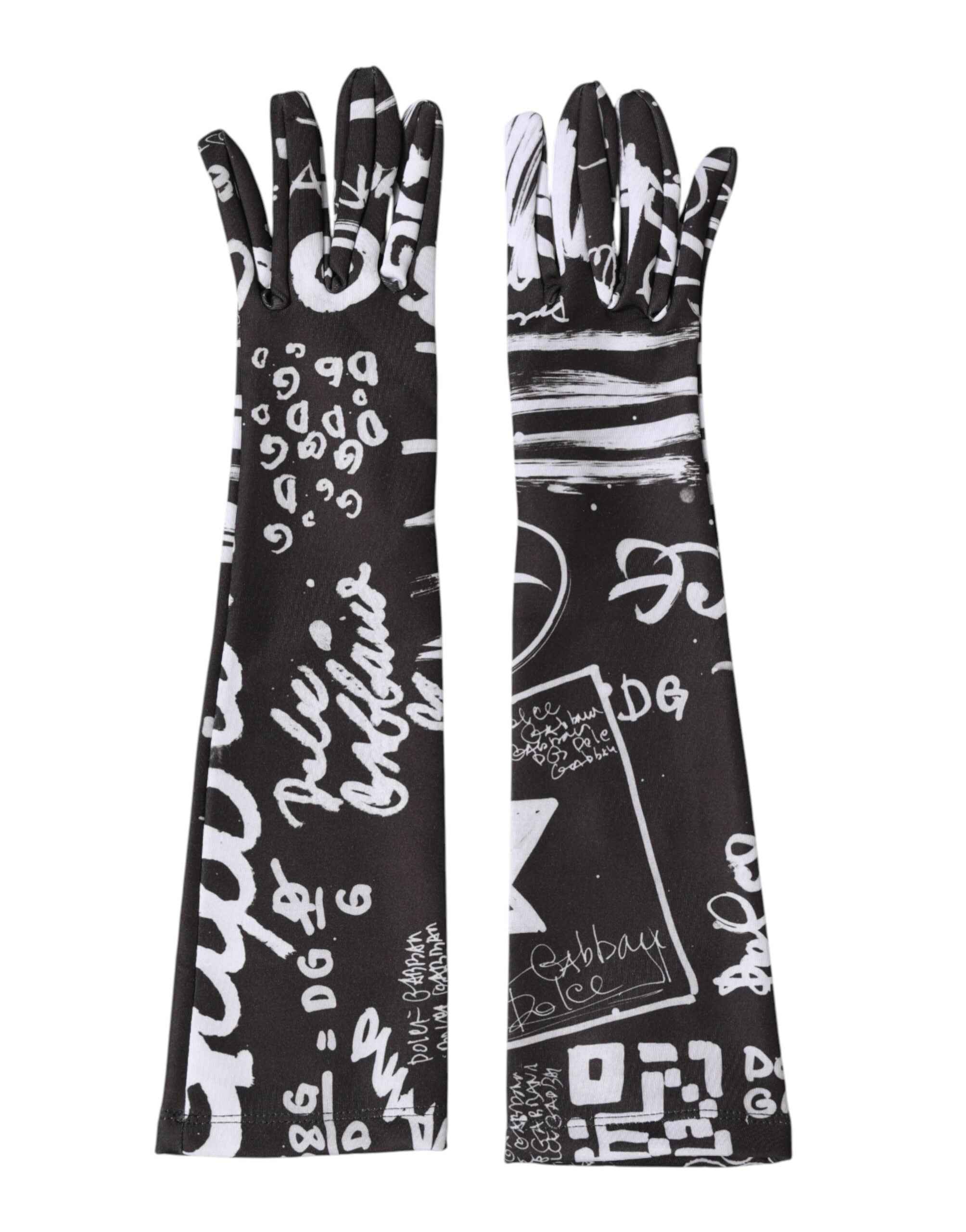 Dolce & Gabbana Black White DG Logo Elbow Length Mitten Gloves