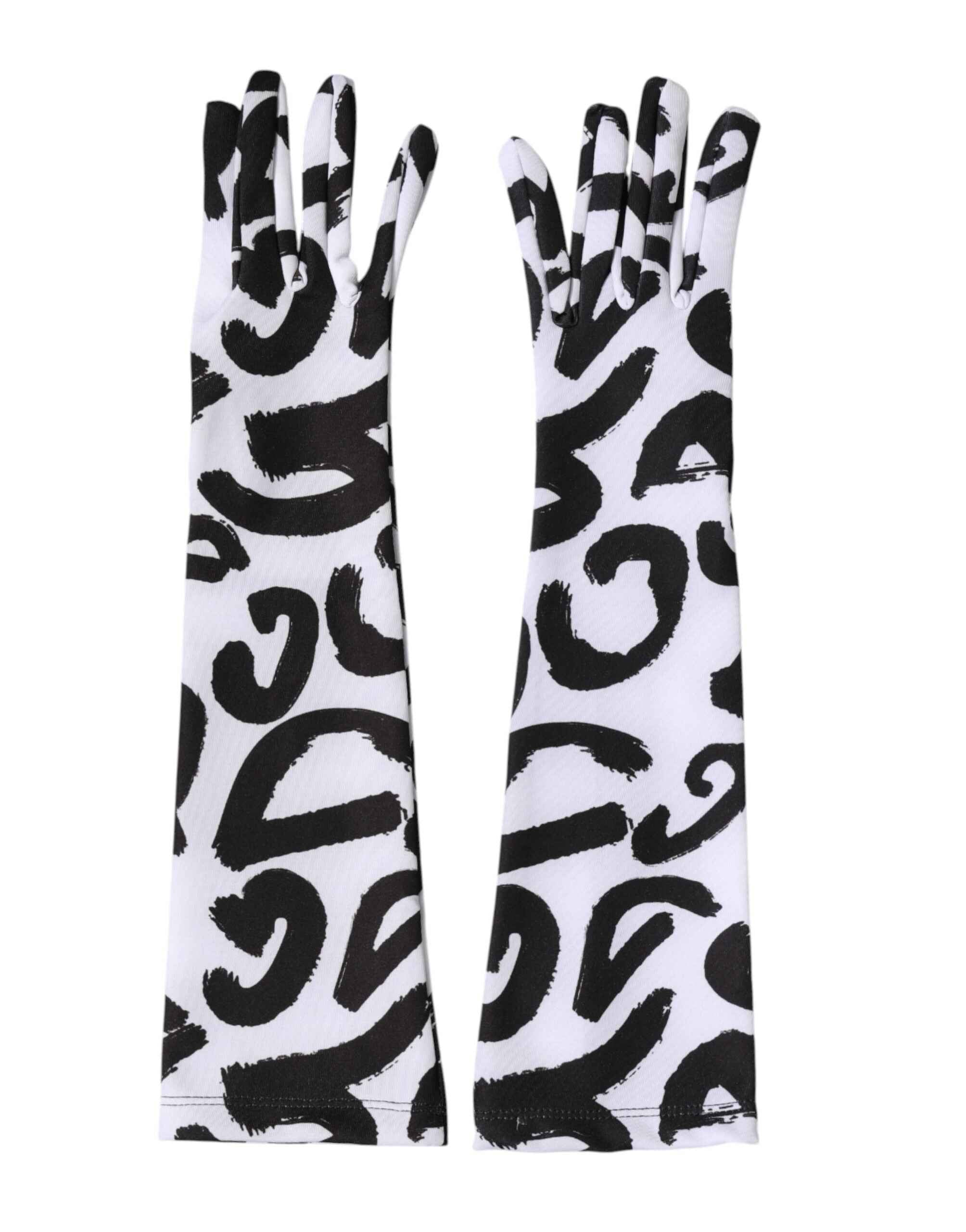 Dolce & Gabbana Black White DG Logo Elbow Length Mitten Gloves