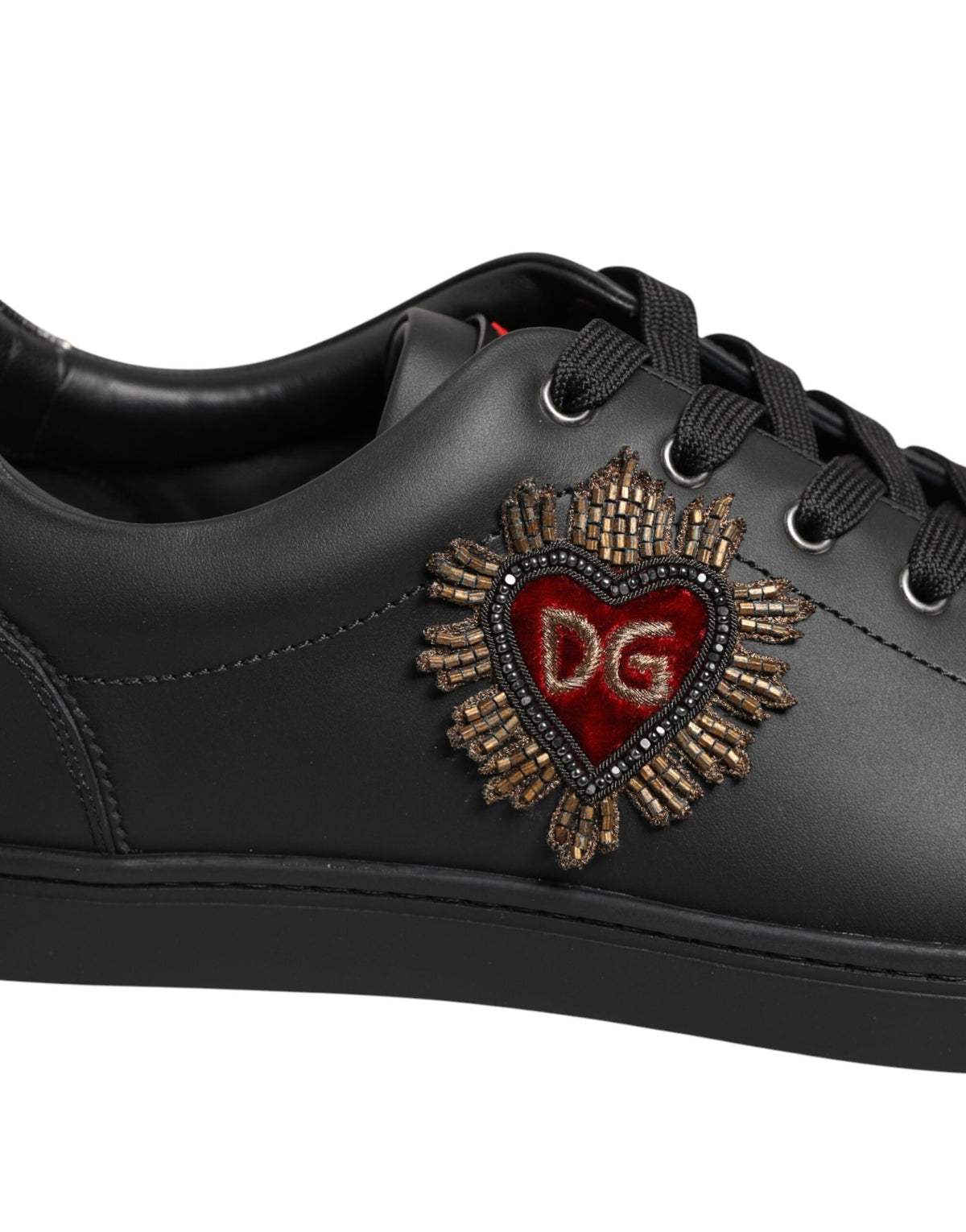 Dolce & Gabbana Black Leather Heart Embellished Sneakers Shoes