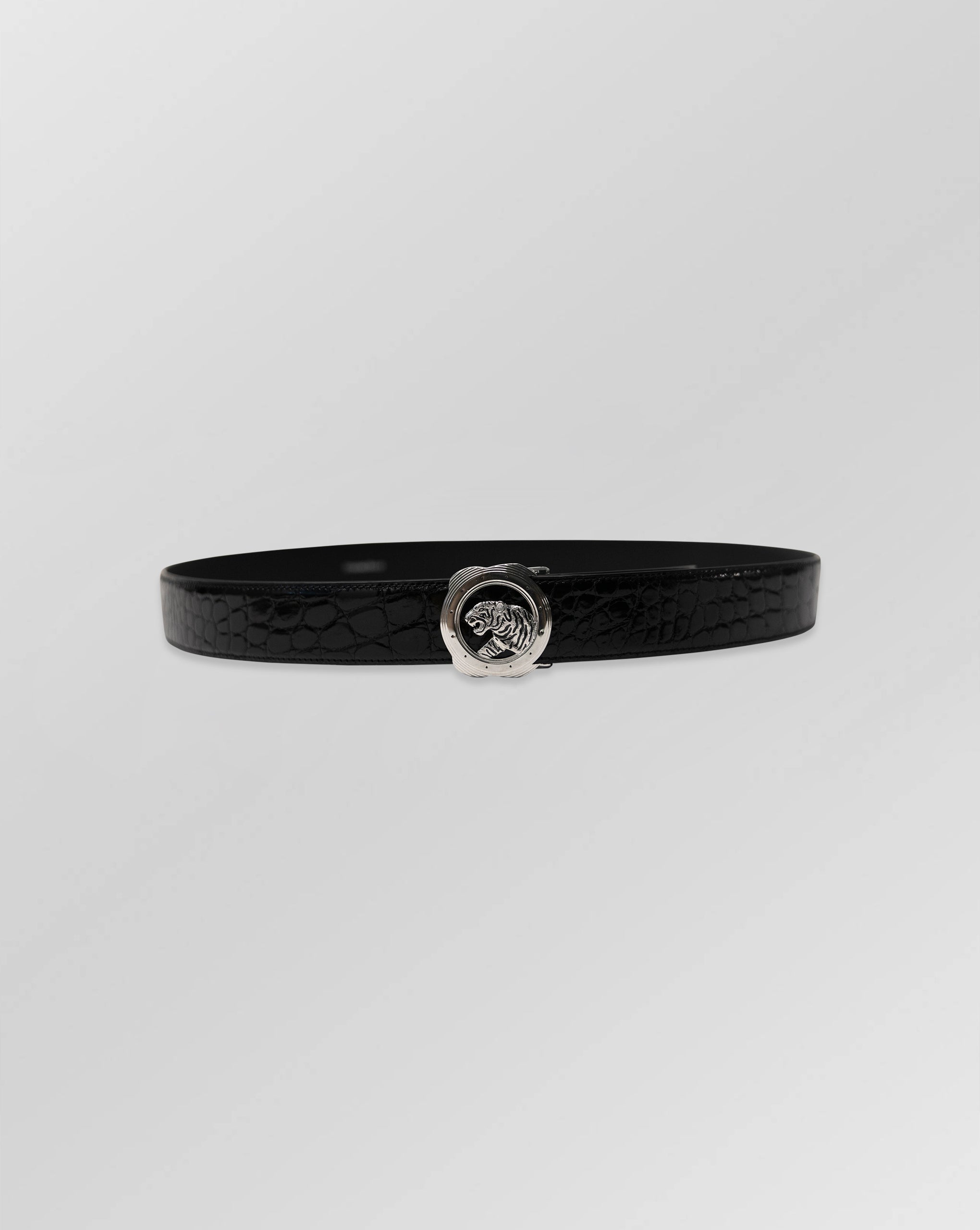 Stefano Ricci Crocodile Leather Tiger Buckle Belt – Black Exotic Statement Belt