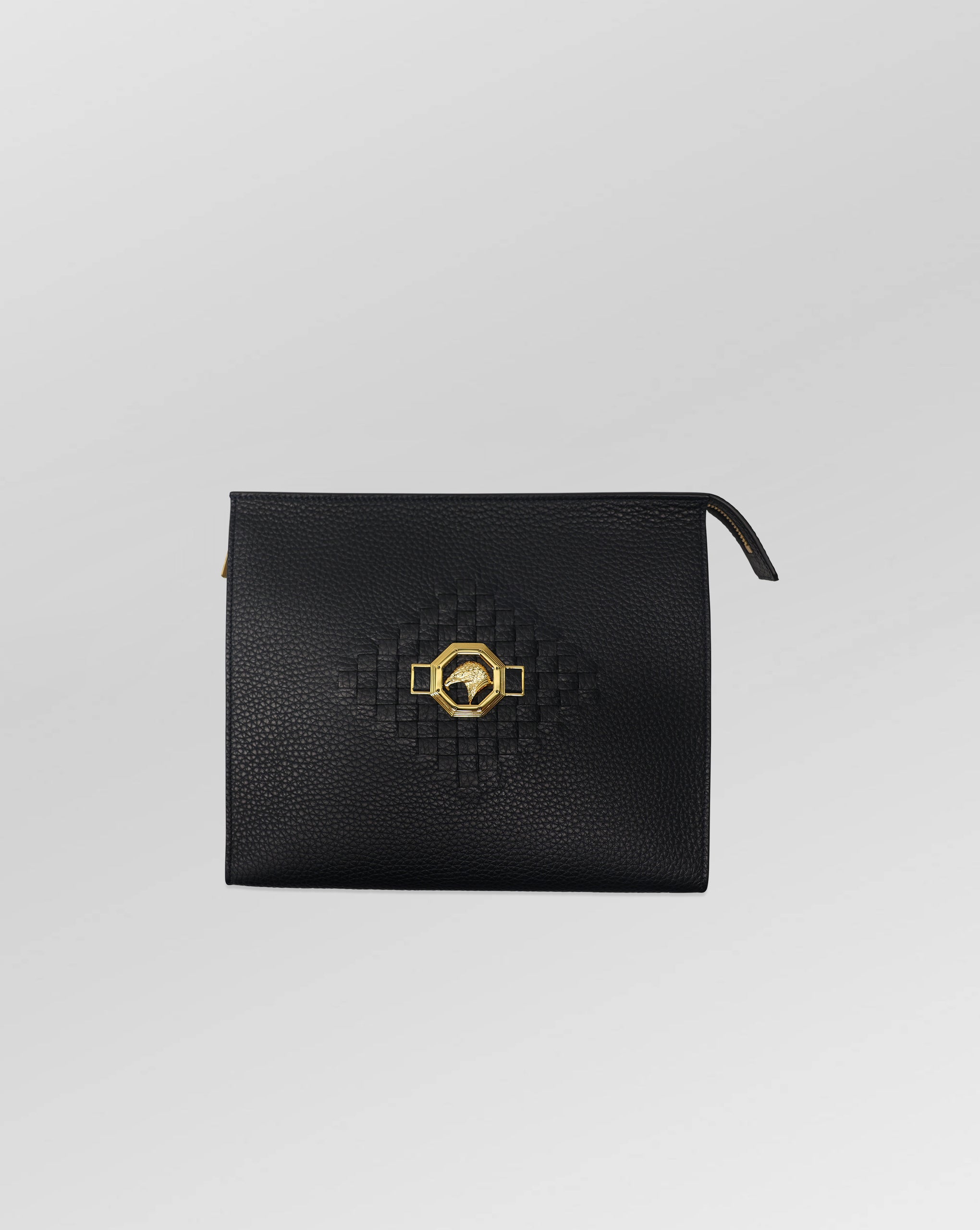 Stefano Ricci Black Grained Leather Zip Portfolio Case with Woven Detail