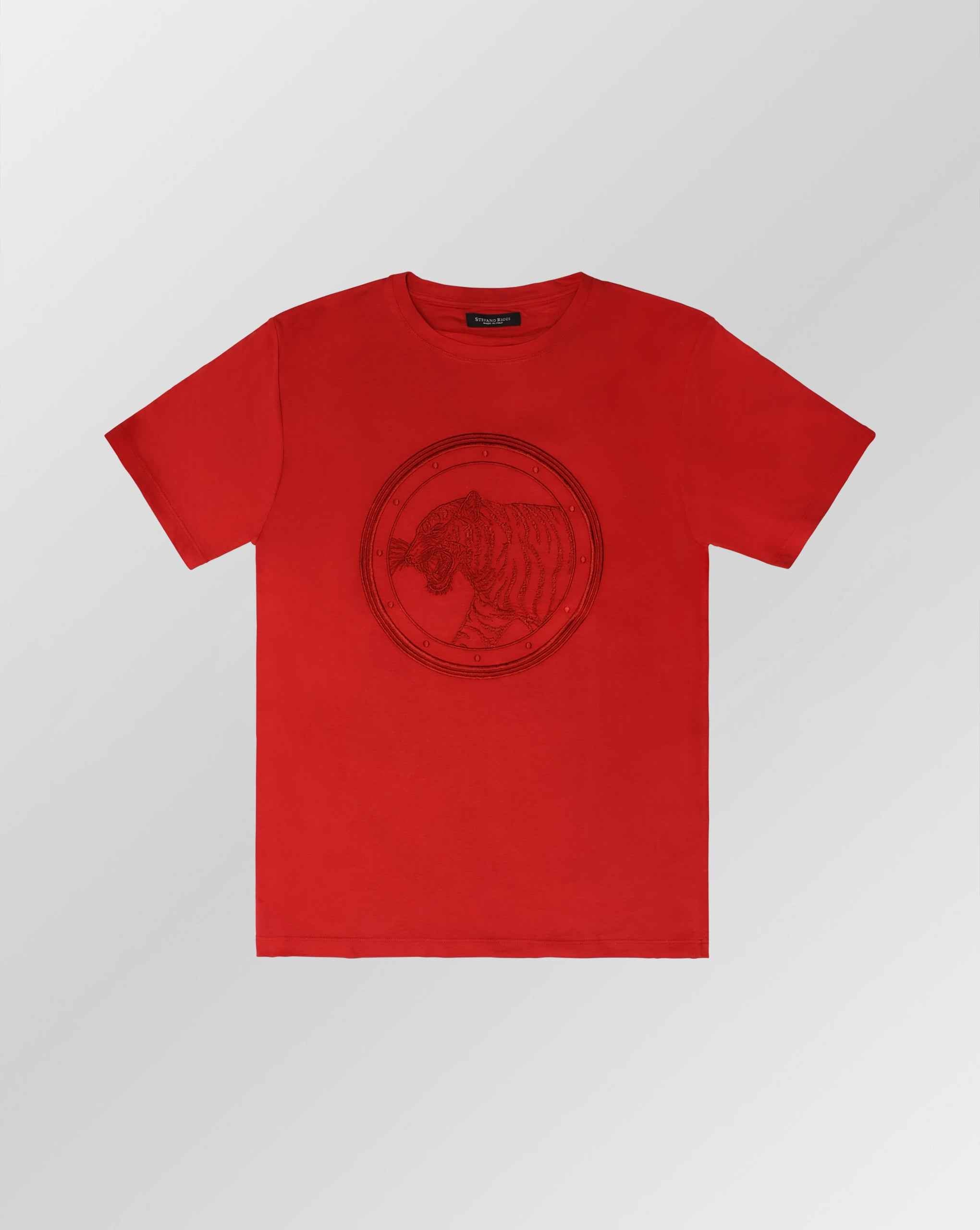 Stefano Ricci Silk Cotton T-Shirt Tiger Embroidery | Red