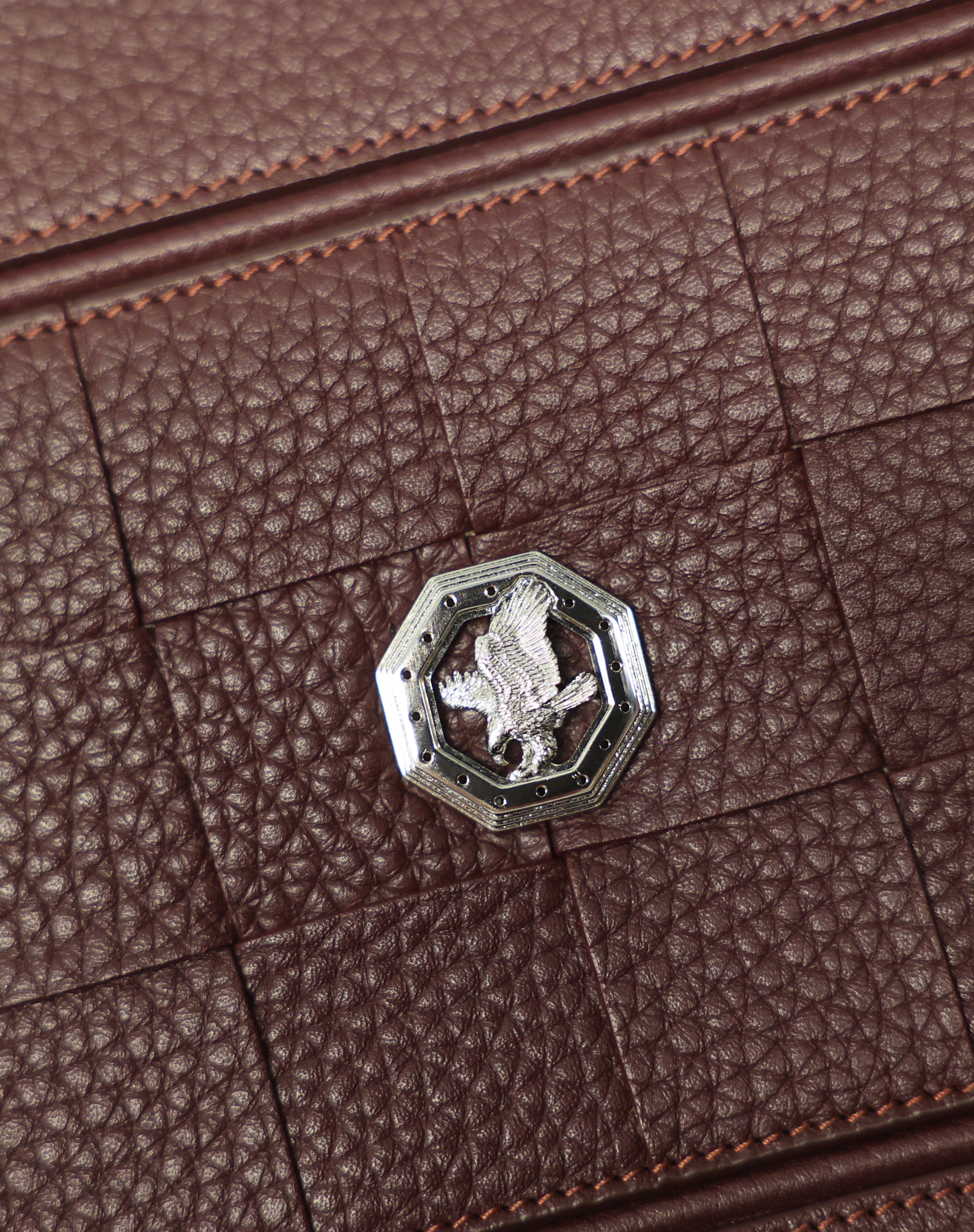 Stefano Ricci Brown Grained Leather Zip Clutch with Woven Detail