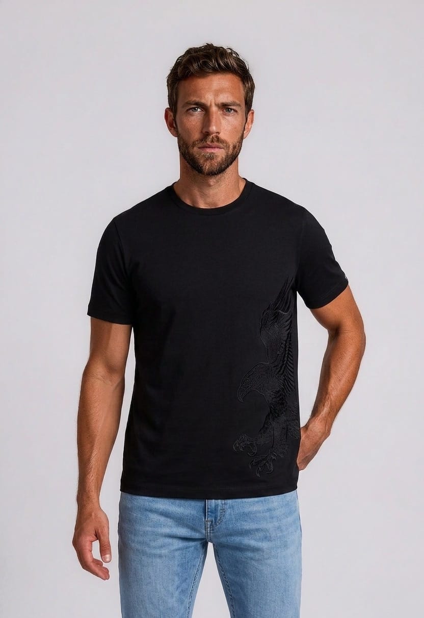Stefano Ricci Silk Cotton Eagle Embroidered T-Shirt Black