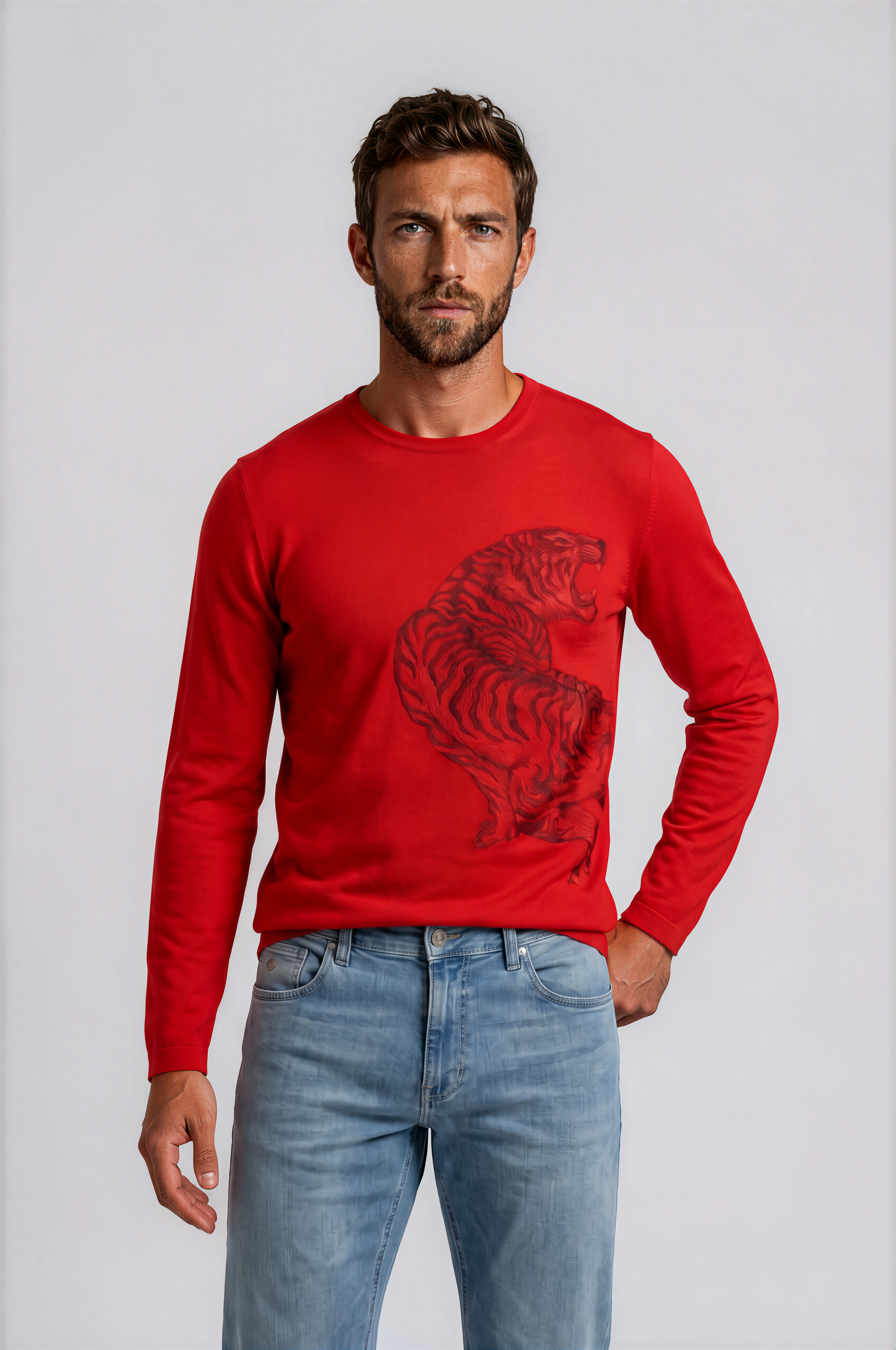 Stefano Ricci Silk Cotton Long Sleeve T-Shirt Tiger Embroidery