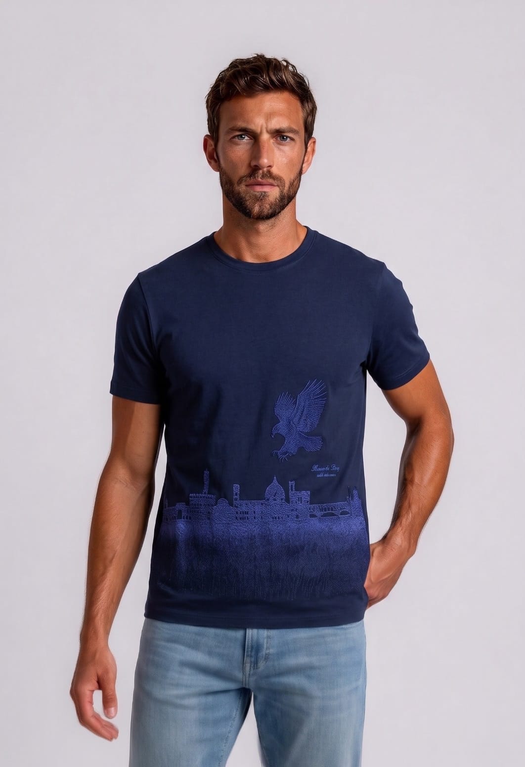 Stefano Ricci Silk Cotton T-Shirt Eagle Skyline