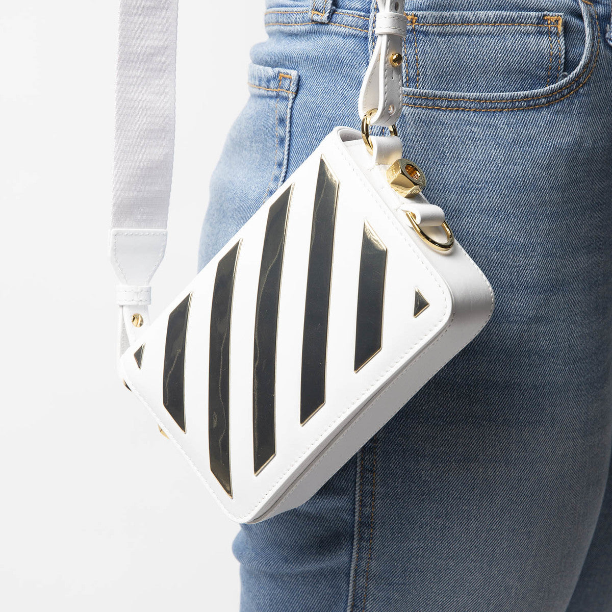 Off-White Diagonal Mini Flap Leather Crossbody Bag in White & Gold