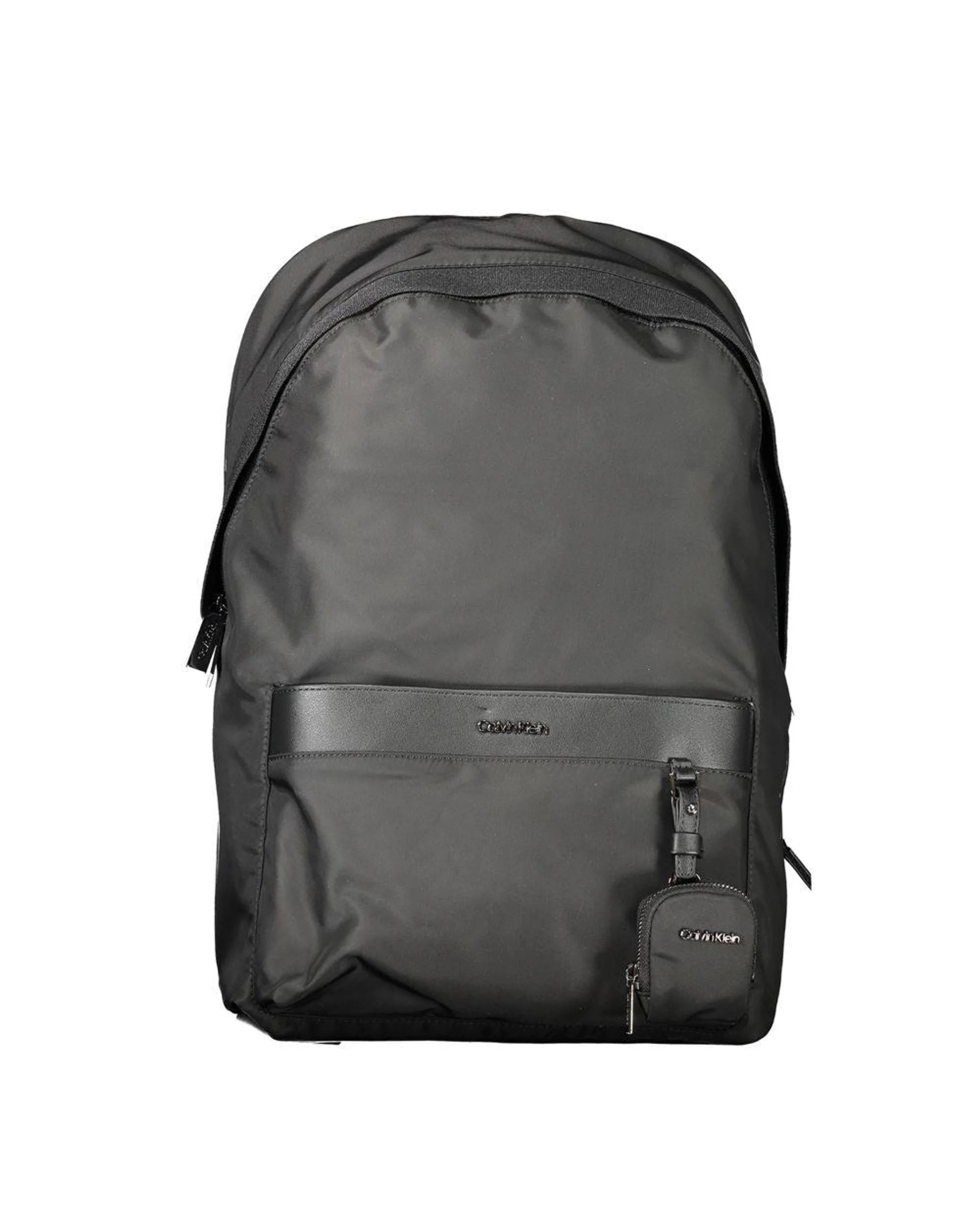 Black backpack with a visible brand logo on a white background