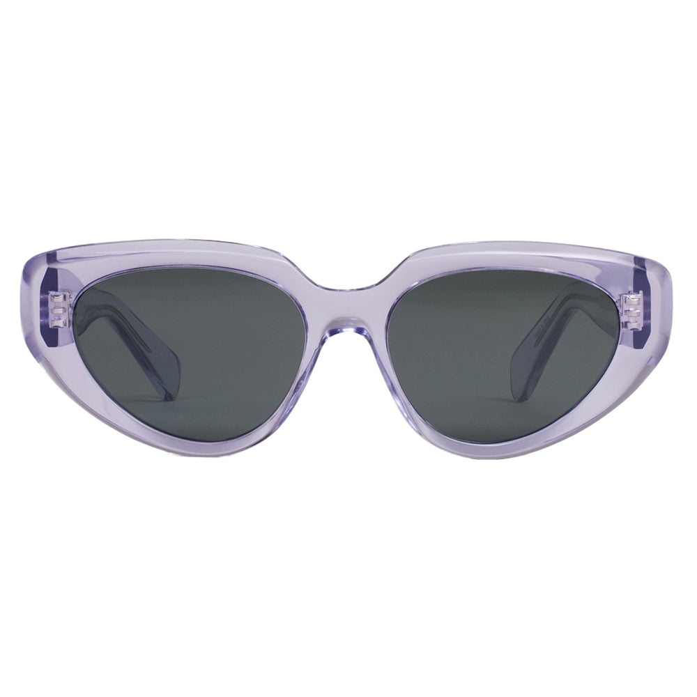 Oversized cat-eye sunglasses with a translucent light purple frame and dark gray lenses, shown against a plain white background.