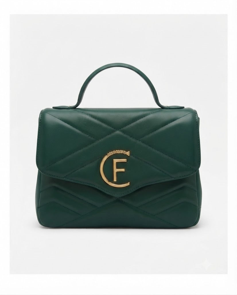 A dark green quilted leather handbag with a top handle and a gold-tone circular 'F' logo on the front flap, set against a light gray background.