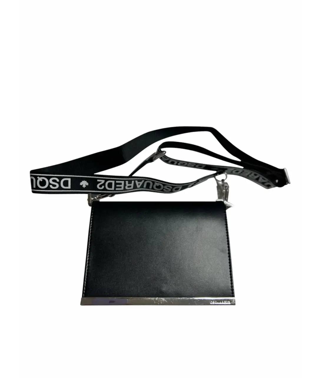 A black faux-leather crossbody bag with a matching black strap featuring white DSquared2 branding, displayed on a clean white background.