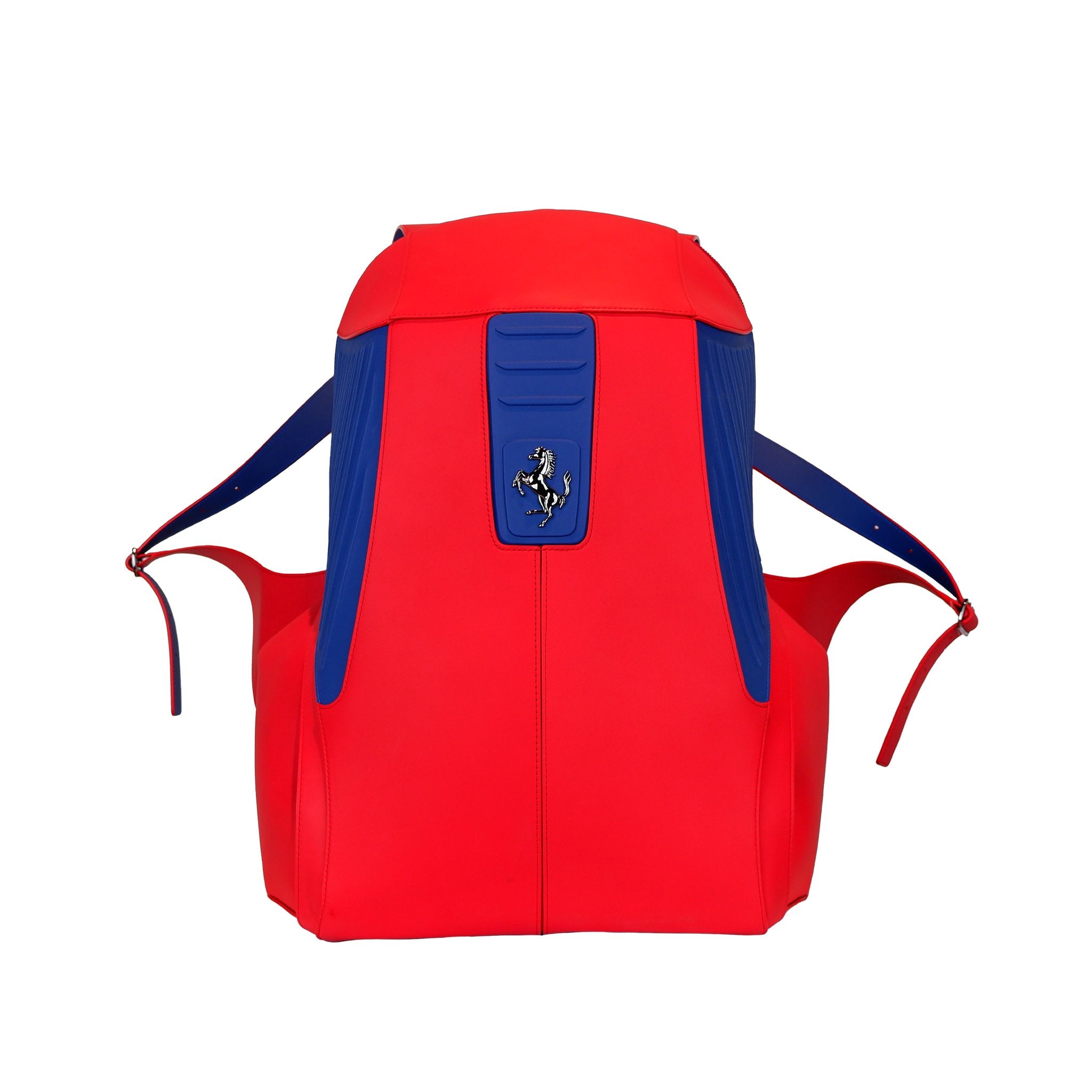Red backpack with blue straps on a white background